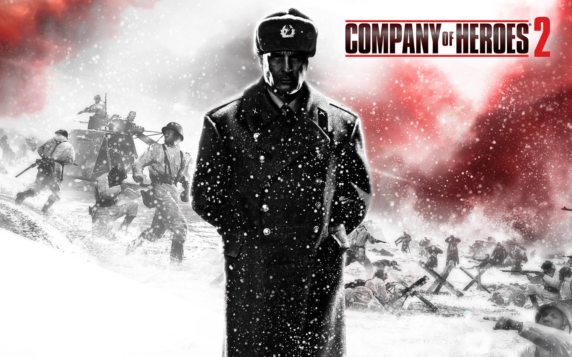 heroes 桌布 壁紙 — 一名嚴肅的士兵穿著冬季外套站在雪地中，身後戰鬥激烈，紅煙和士兵在戰鬥。