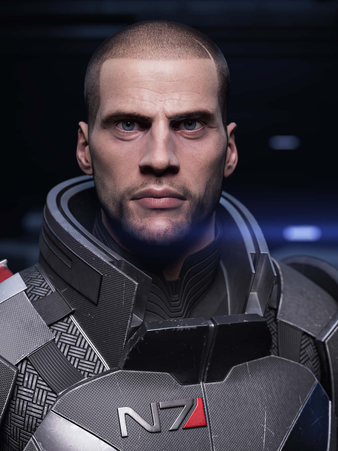 Commander Shepard 桌布 壁紙 — 一名嚴肅的男性士兵身穿未來風格N7裝甲的近距離特寫，藍色發光眼睛和黑暗背景。