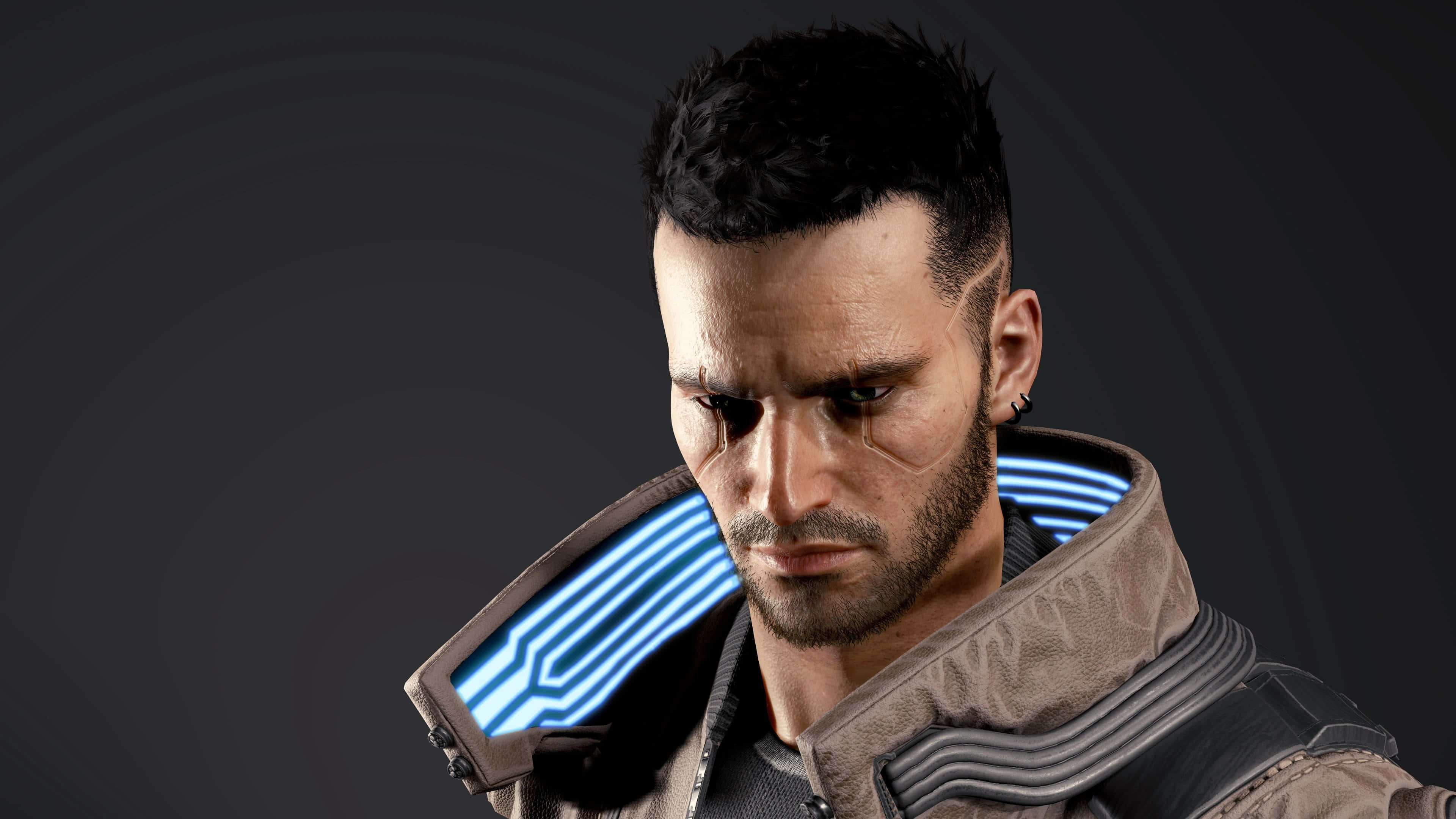 Cyberpunk 2077 Characters 桌布 壁紙 — 一名嚴肅的科幻士兵，帶有發光藍色盔甲細節，在深色漸變背景下凝視著。