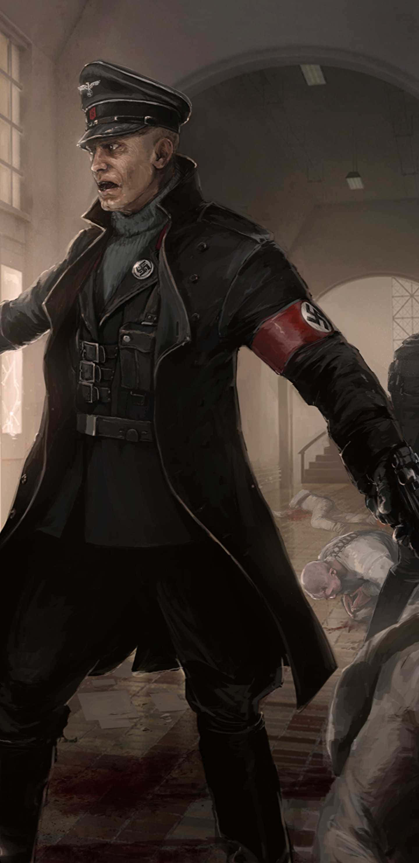 video games 桌布 壁紙 — 一名嚴肅的納粹軍官身穿制服，陰森地站在昏暗的走廊中，腳下躺著倒下的屍體。
