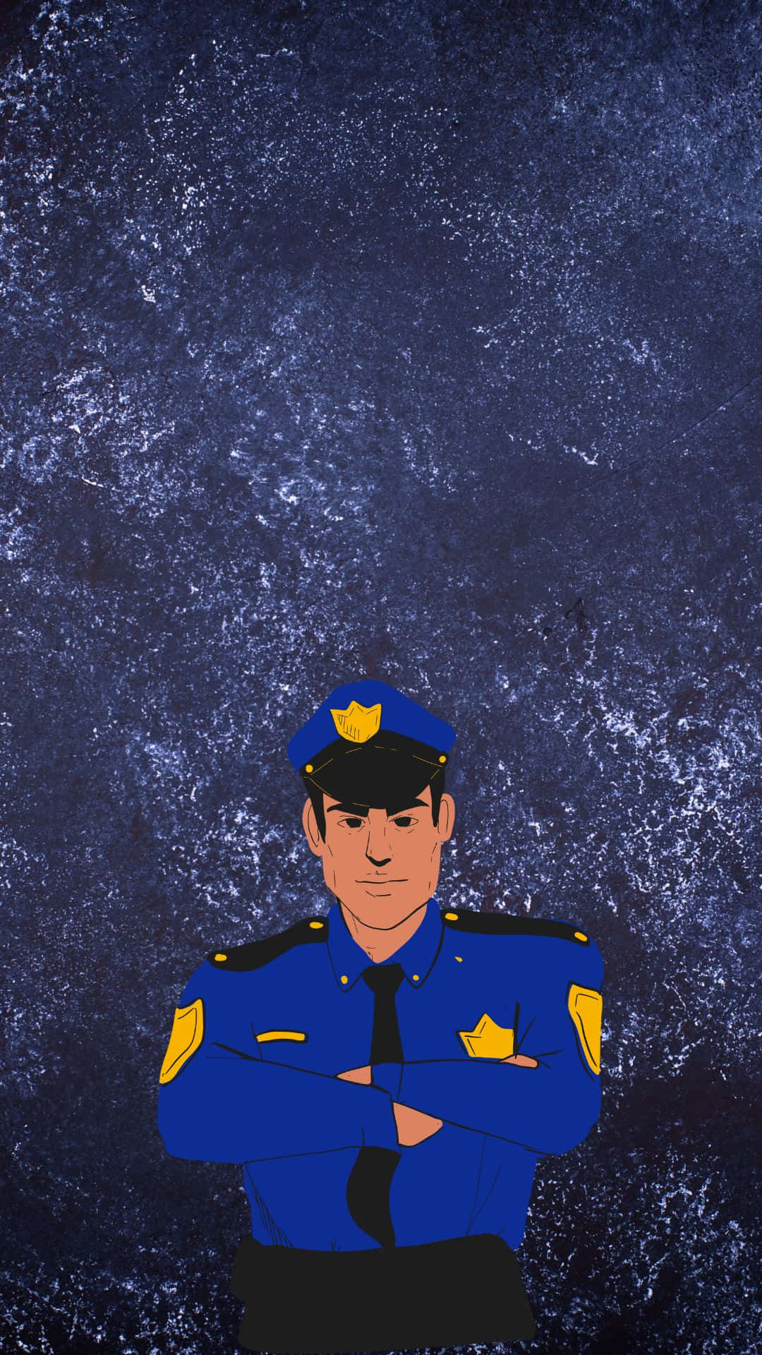 警察 桌布 壁紙 — 一名嚴肅的警察穿著藍色制服，雙臂交叉，站在帶有紋理的深藍色背景前。