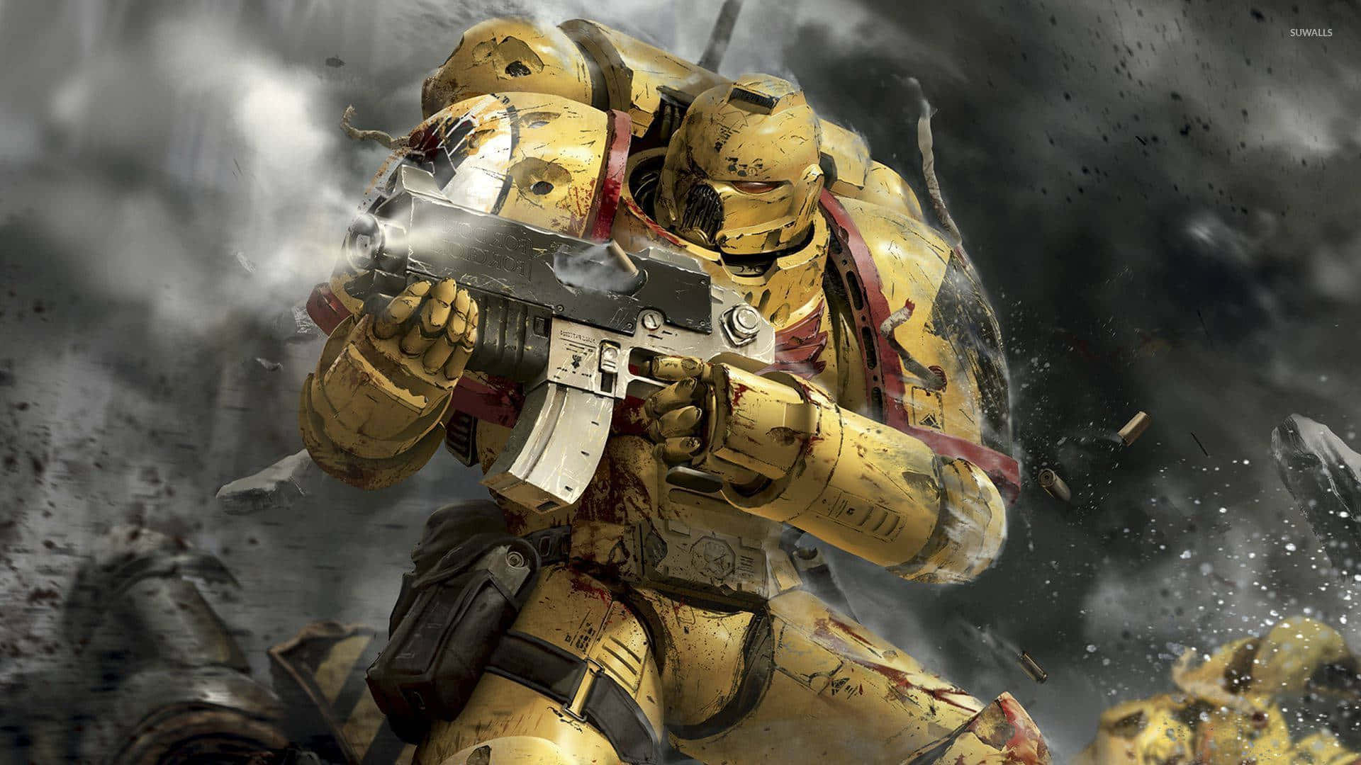 Marine 桌布 壁紙 — 一名嚴重受損的黃色裝甲士兵在煙霧和碎片中，在混亂的戰鬥場景中開火。