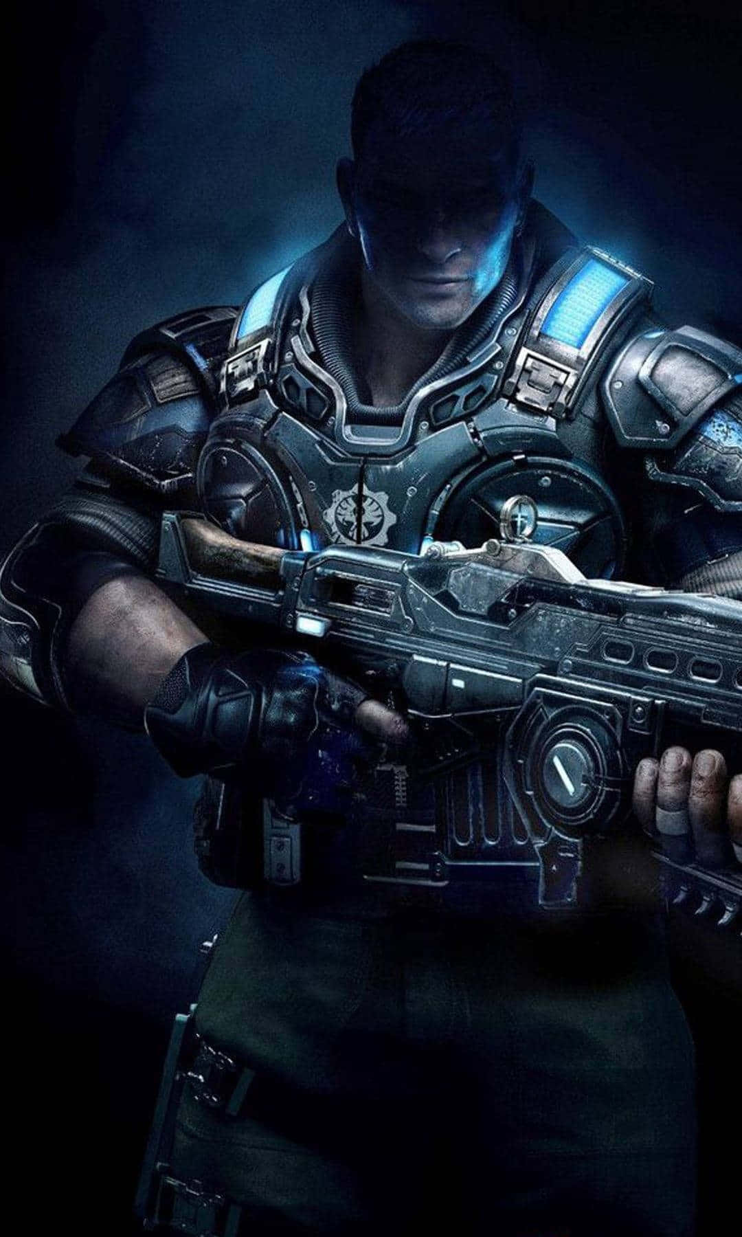 video games 桌布 壁紙 — 一名在昏暗光線下的重甲士兵，在發光的藍色高光下握著一把未來風格的武器。