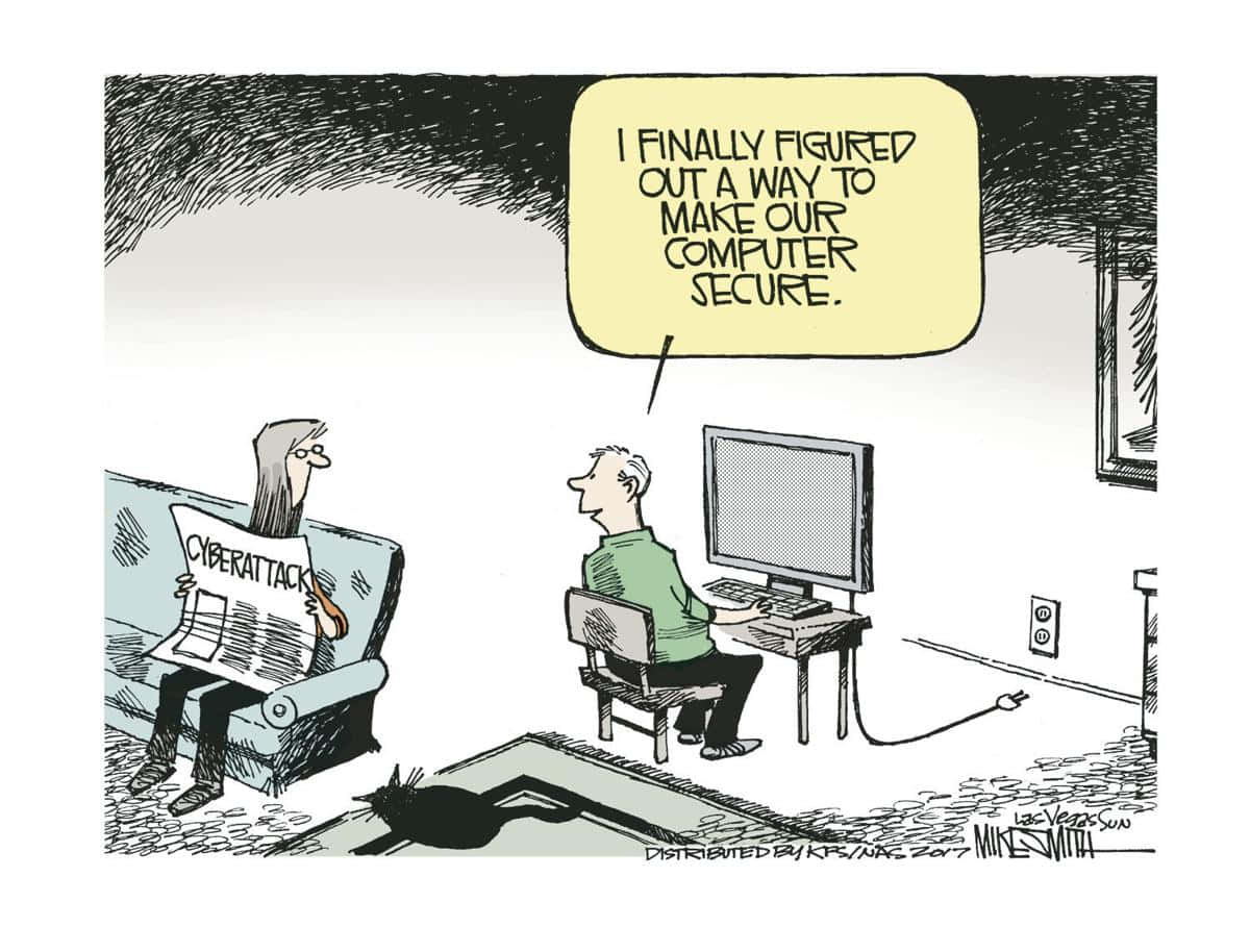 Cybersecurity Memes 桌布 壁紙 — 一名在電腦前的男子自豪地宣稱他找到了保護它的方法，而他的伴侶則在沙發上閱讀一份名為「CYBERATTACK」的報紙。
