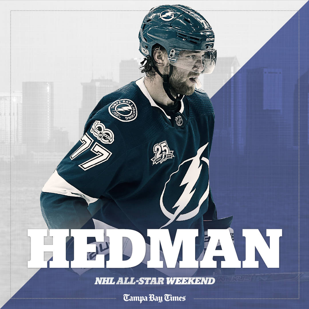 hockey 桌布 壁紙 — 一名坦帕灣閃電隊冰球運動員全副武裝，在模糊的城市天際線背景下，以醒目的藍白圖形點綴，凝視著前方。