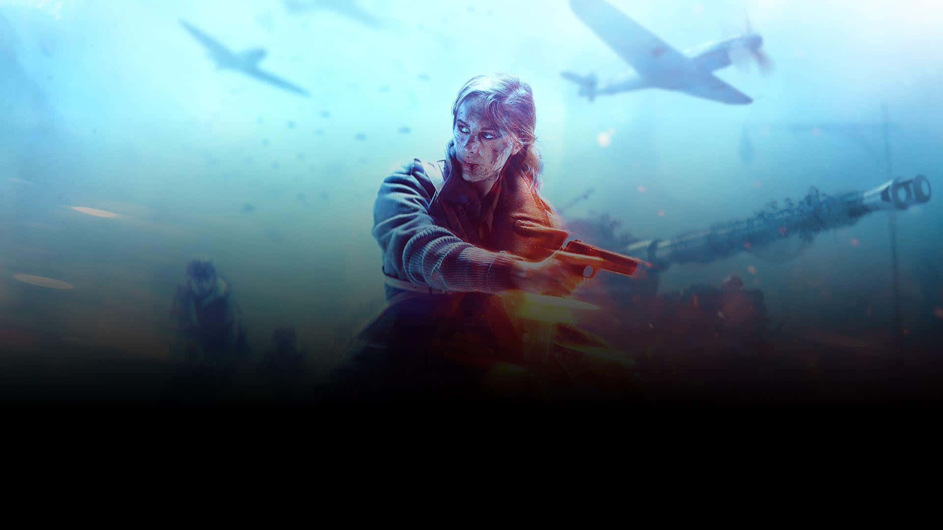 games 桌布 壁紙 — 一名堅定的士兵在水下開槍，戰鬥機在頭頂飛過，形成混亂的戰鬥場景。