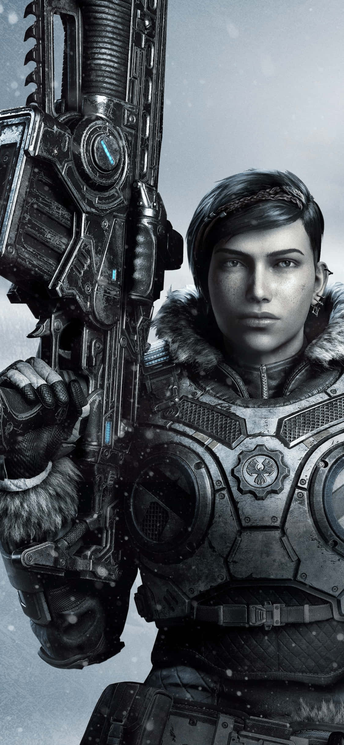 iPhone X Gears Of War 5 桌布 壁紙 — 一名堅定的士兵穿著重型裝甲裝備，在雪景背景下手持巨大的未來武器。