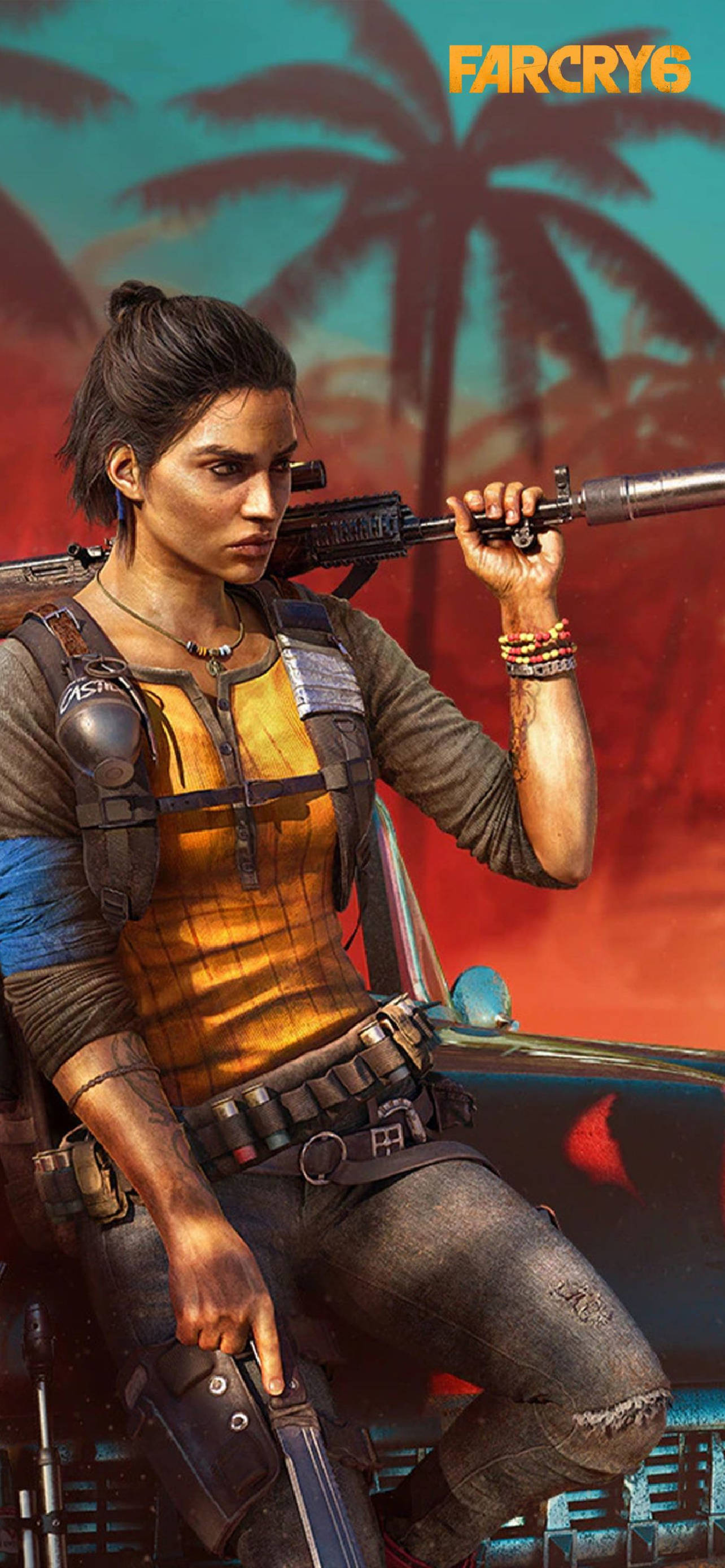 far cry iPhone 桌布 壁紙 — 一名堅定的女兵身穿戰術裝備，坐在車輛上，手持步槍，背景是充滿活力的熱帶日落。