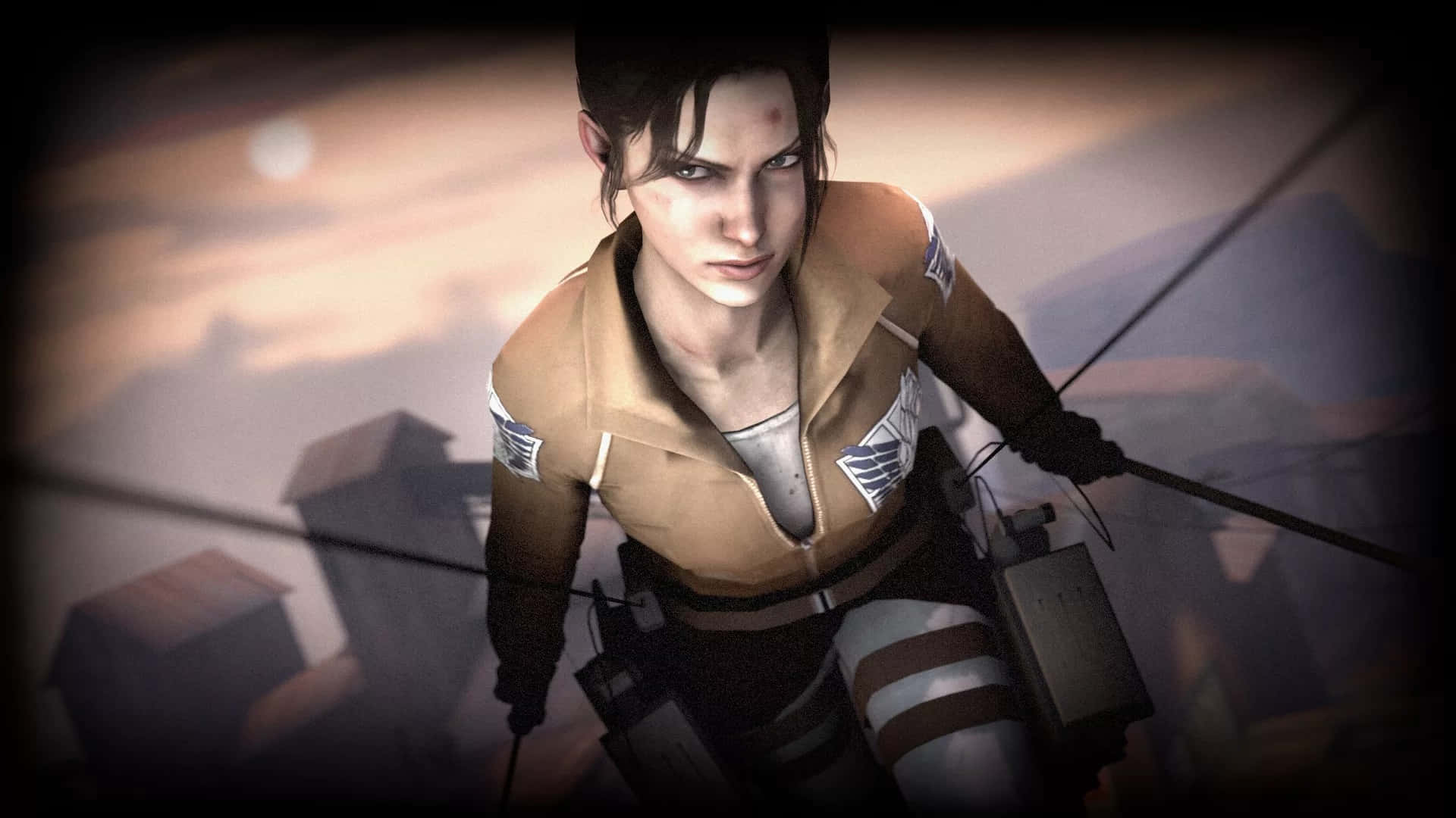 Left 4 Dead Characters 桌布 壁紙 — 一名堅定的女兵身穿棕褐色制服，帶有白色徽章，在黃昏時分抓著繩索懸掛在模糊的城市景觀之上。