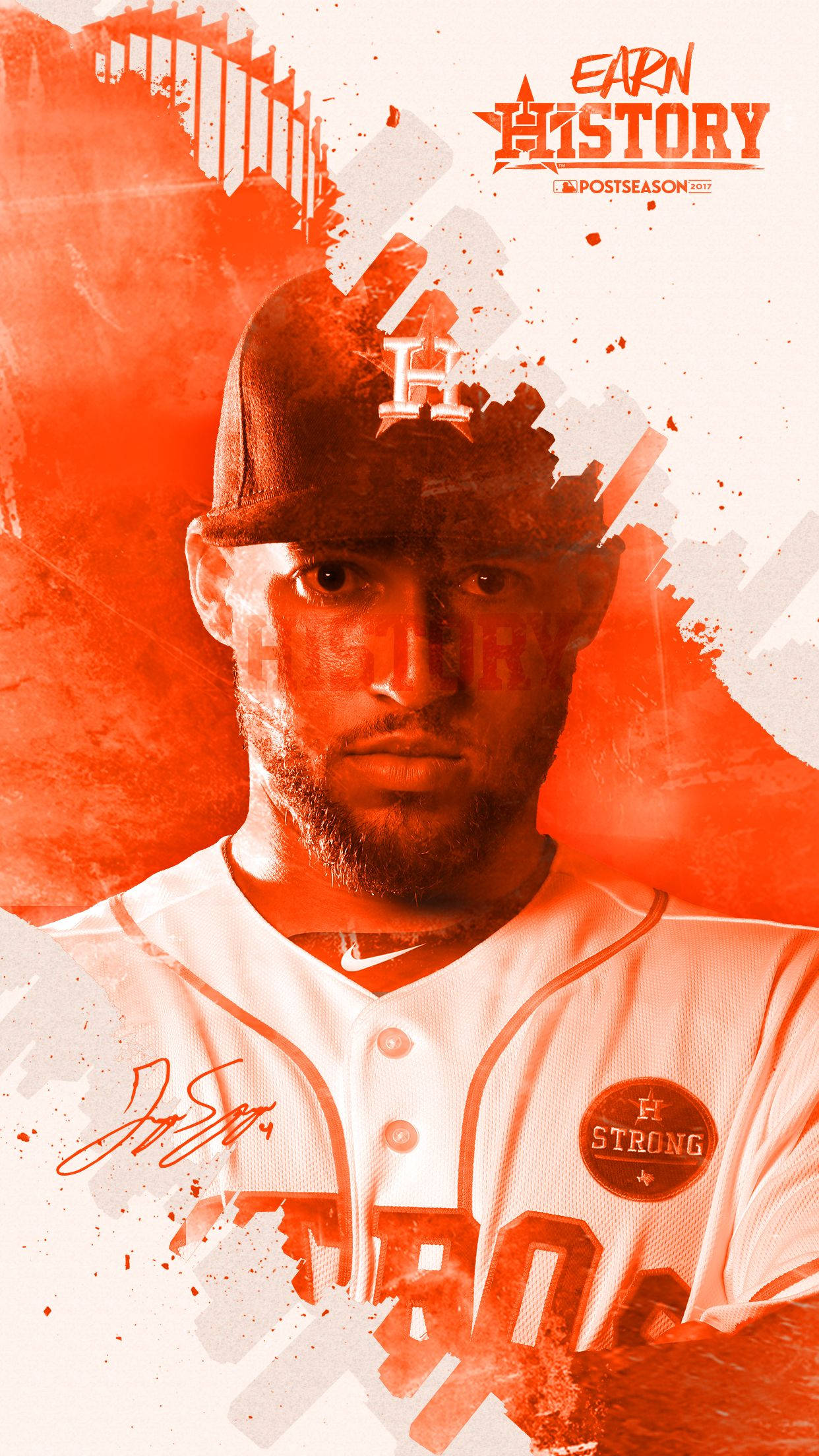 Astros 桌布 壁紙 — 一名堅定的棒球運動員身穿休士頓太空人隊制服，在鮮明的橙色和白色潑濺背景下凝視著。