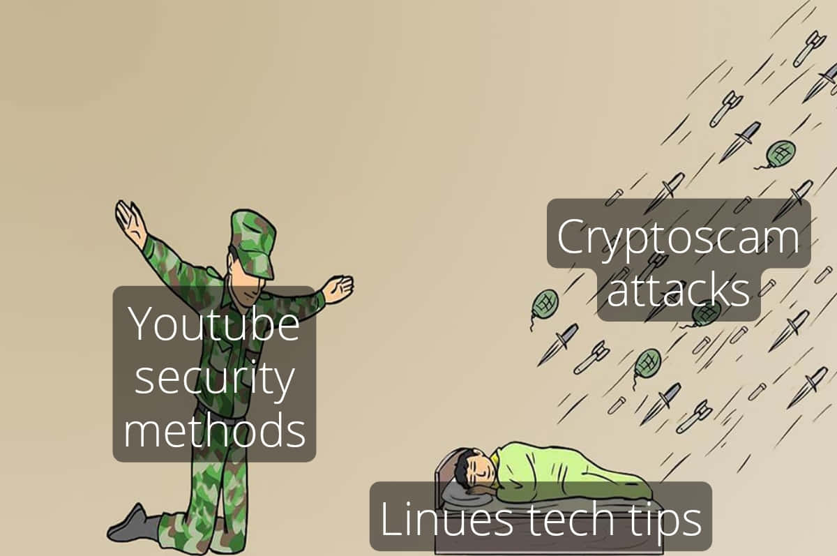 Cybersecurity Memes 桌布 壁紙 — 一名士兵保護一名正在睡覺的人免受標記為導彈的加密貨幣詐騙攻擊。