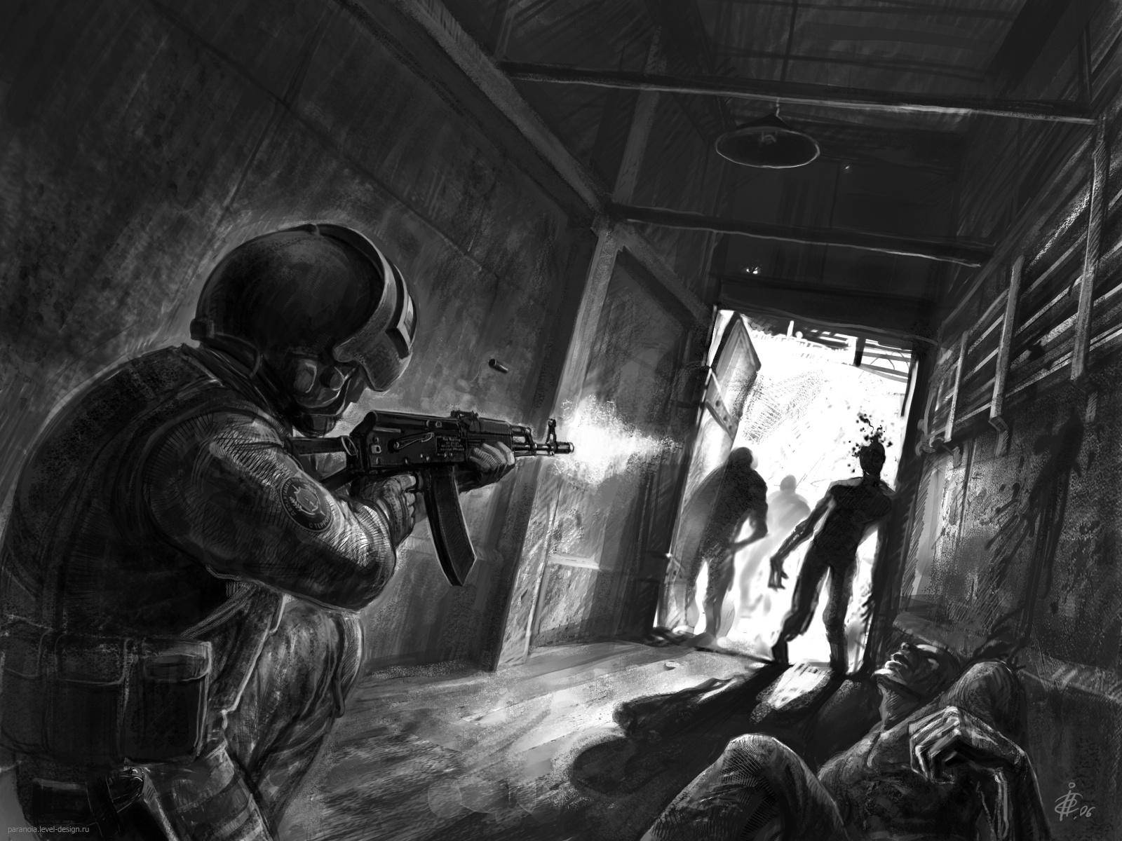 Zombie Apocalypse 桌布 壁紙 — 一名士兵向門口開步槍射擊，殭屍洶湧而至，場景為粗糙的黑白畫面。
