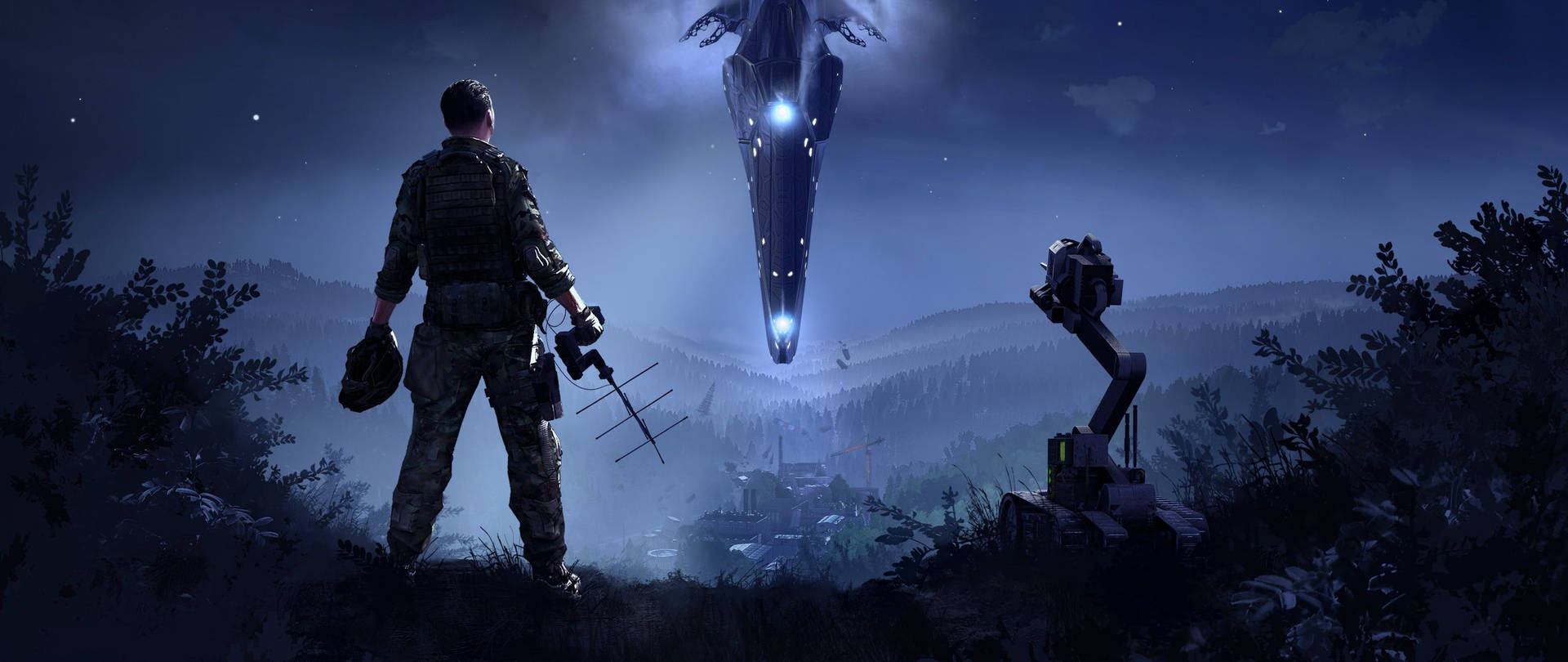 士兵和機器人看著外星飛船在夜間降臨森林上空 — 2560x1080 動態桌布 壁紙