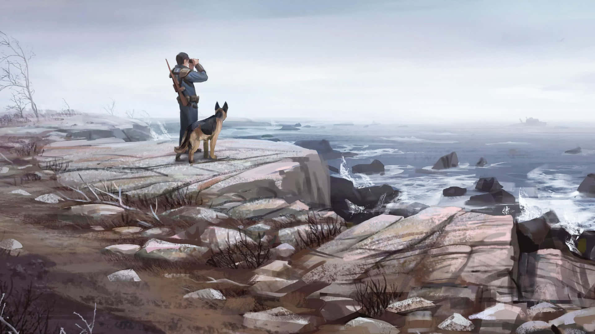 Fallout 4 Dogmeat 桌布 壁紙 — 一名士兵和他的德國牧羊犬站在岩石峭壁上，俯瞰著陰天下一片波濤洶湧的大海。