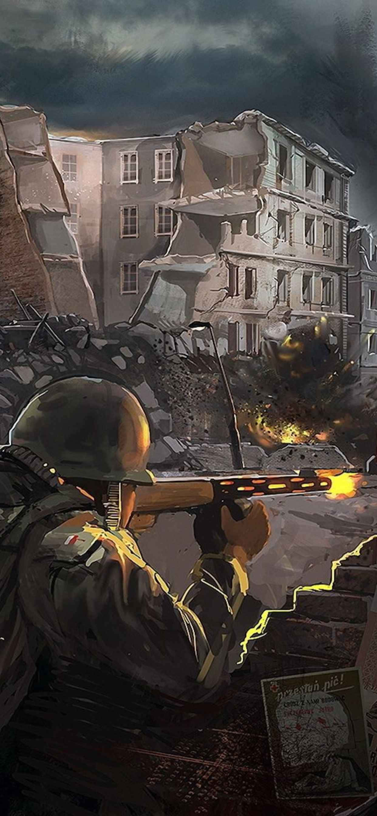 iPhone Xs Max Civilization V 桌布 壁紙 — 一名士兵在佈滿瓦礫的城市戰壕中開槍射擊，身後搖搖欲墜的建築物在暴風雨的天空下發生爆炸。
