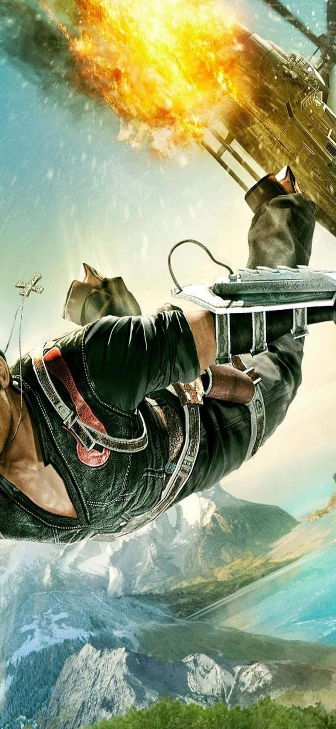 iPhone X Just Cause 4 桌布 壁紙 — 一名士兵在半空中開火，一架燃燒的直升機在雪山上方爆炸。