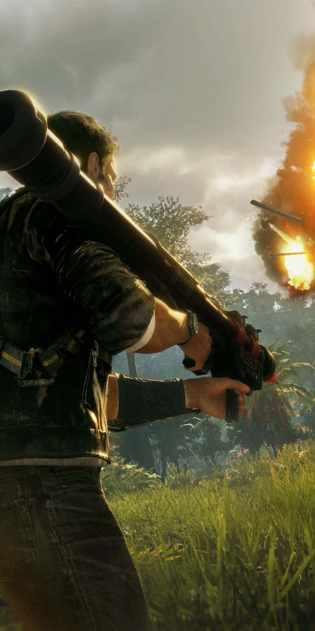 Android Just Cause 4 桌布 壁紙 — 一名士兵在叢林中手持火箭炮，身後在陰天下發生爆炸。
