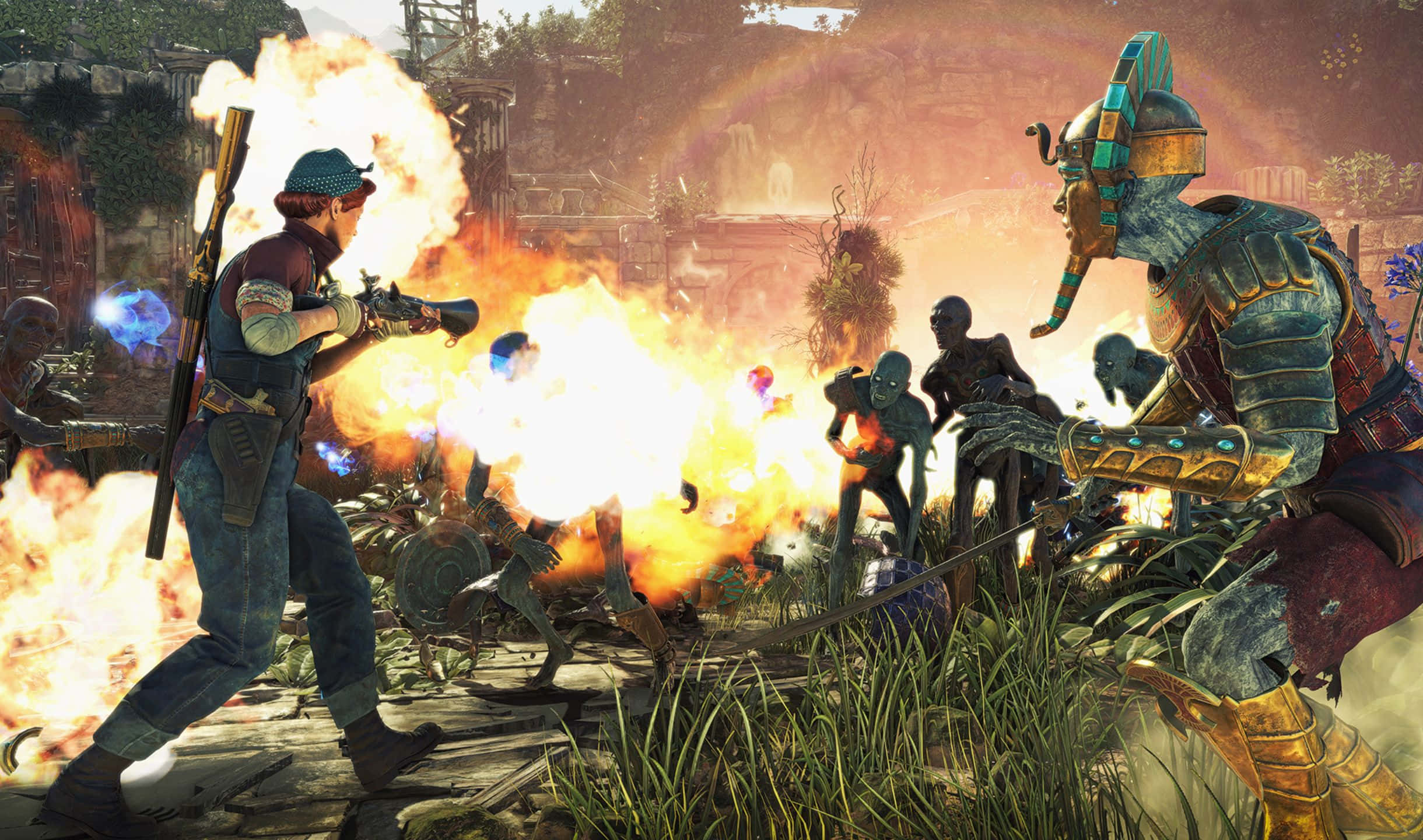 2440x1440 Strange Brigade 桌布 壁紙 — 一名士兵在叢林環境中與裝甲外星戰士戰鬥時，在熾熱的爆炸中開火。