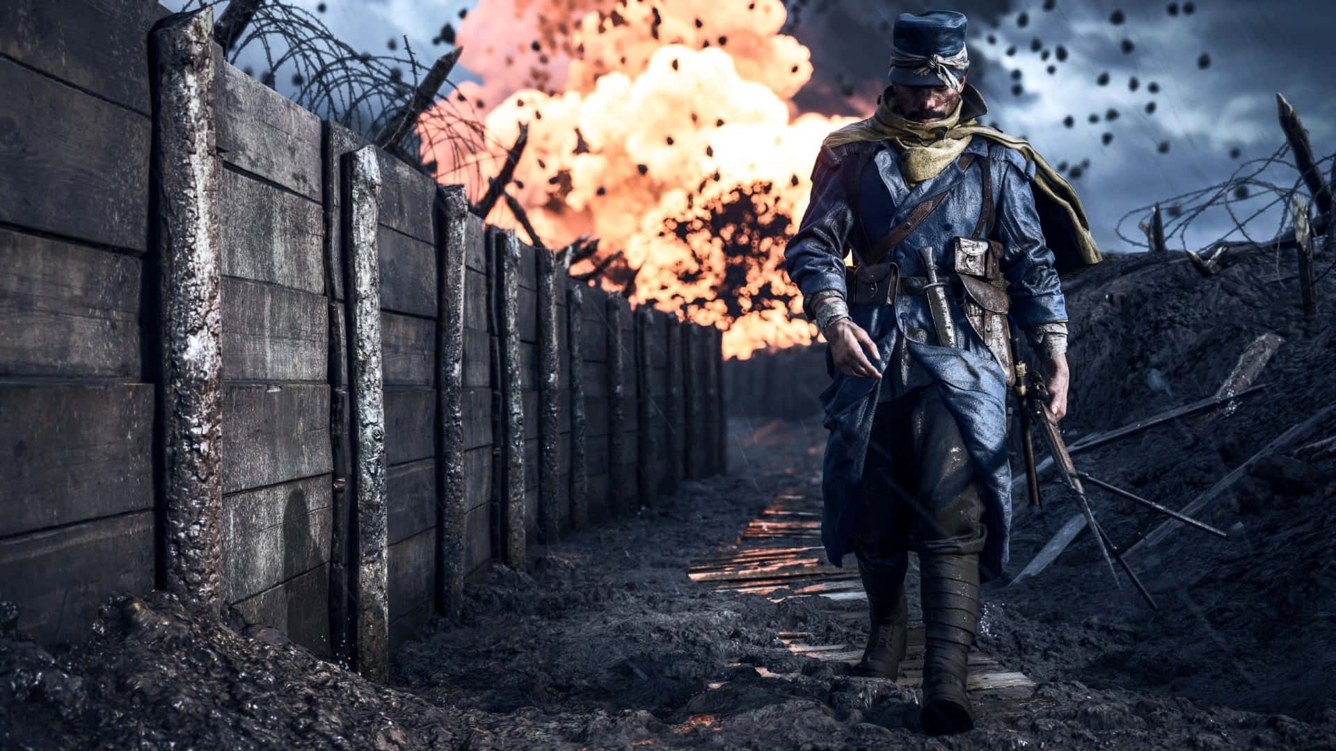 Battlefield Desktop 桌布 壁紙 — 一名士兵在戰壕中向前行進，身後在暴風雨的天空下發生爆炸。