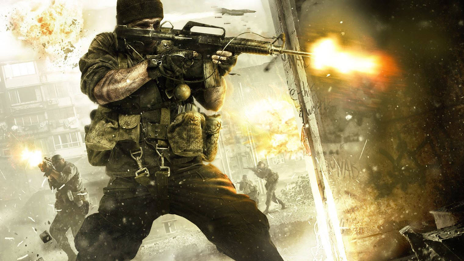 Cod 桌布 壁紙 — 一名士兵在戰火摧殘的城市戰場中，於爆炸和瓦礫間開槍射擊。