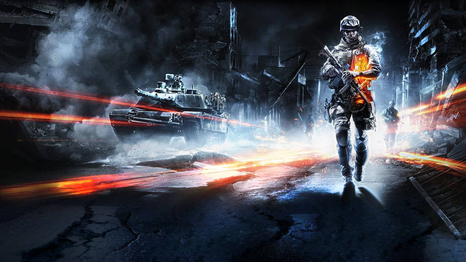 電玩遊戲 桌布 壁紙 — 一名士兵在戰火摧殘的城市街道上前進，坦克在煙霧和瓦礫中發射紅色雷射光束。
