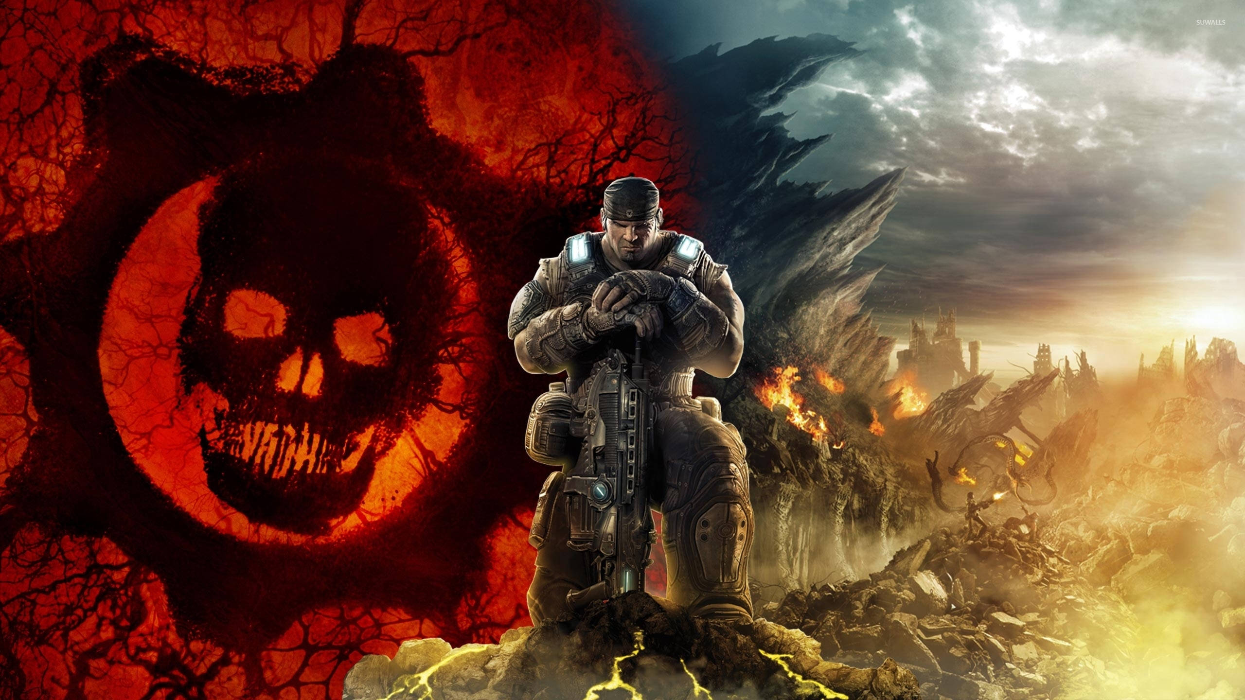 games 桌布 壁紙 — 一名士兵在戰火摧殘的景觀中挑釁地站立，一個發光的紅色骷髏標誌在他身後，襯著暴風雨的天空聳立。