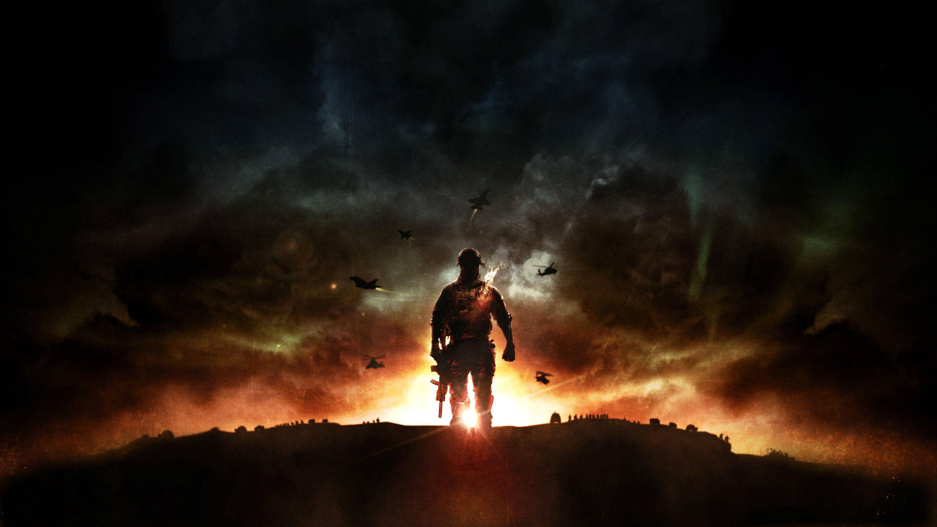 Battlefield 4 City 桌布 壁紙 — 一名士兵在日落時分站在山丘上形成剪影，戰鬥機在火橙色和黑暗的天空中飛過頭頂。