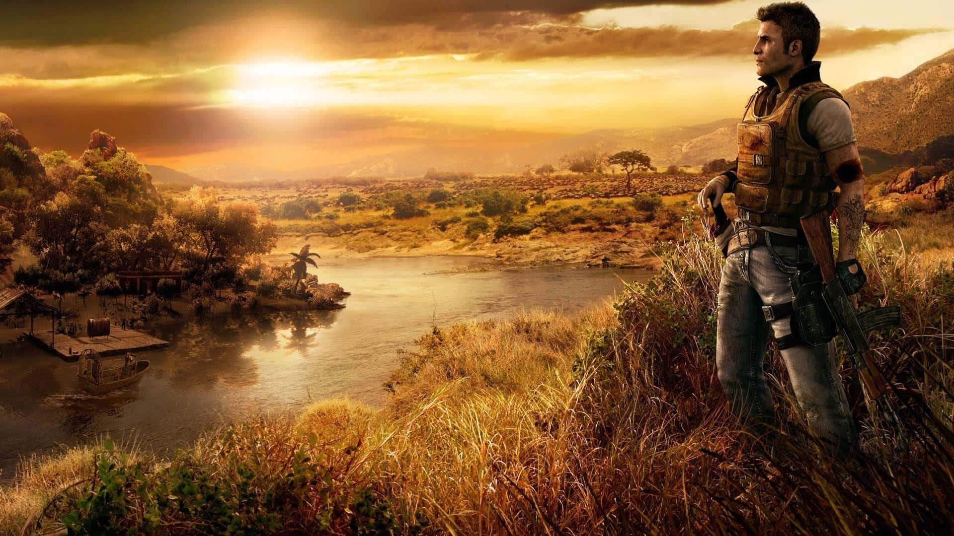 Far Cry 4 桌布 壁紙 — 一名士兵在日落時站在長滿草的河岸上，俯瞰著寧靜的非洲景觀，有木碼頭和棕櫚樹。