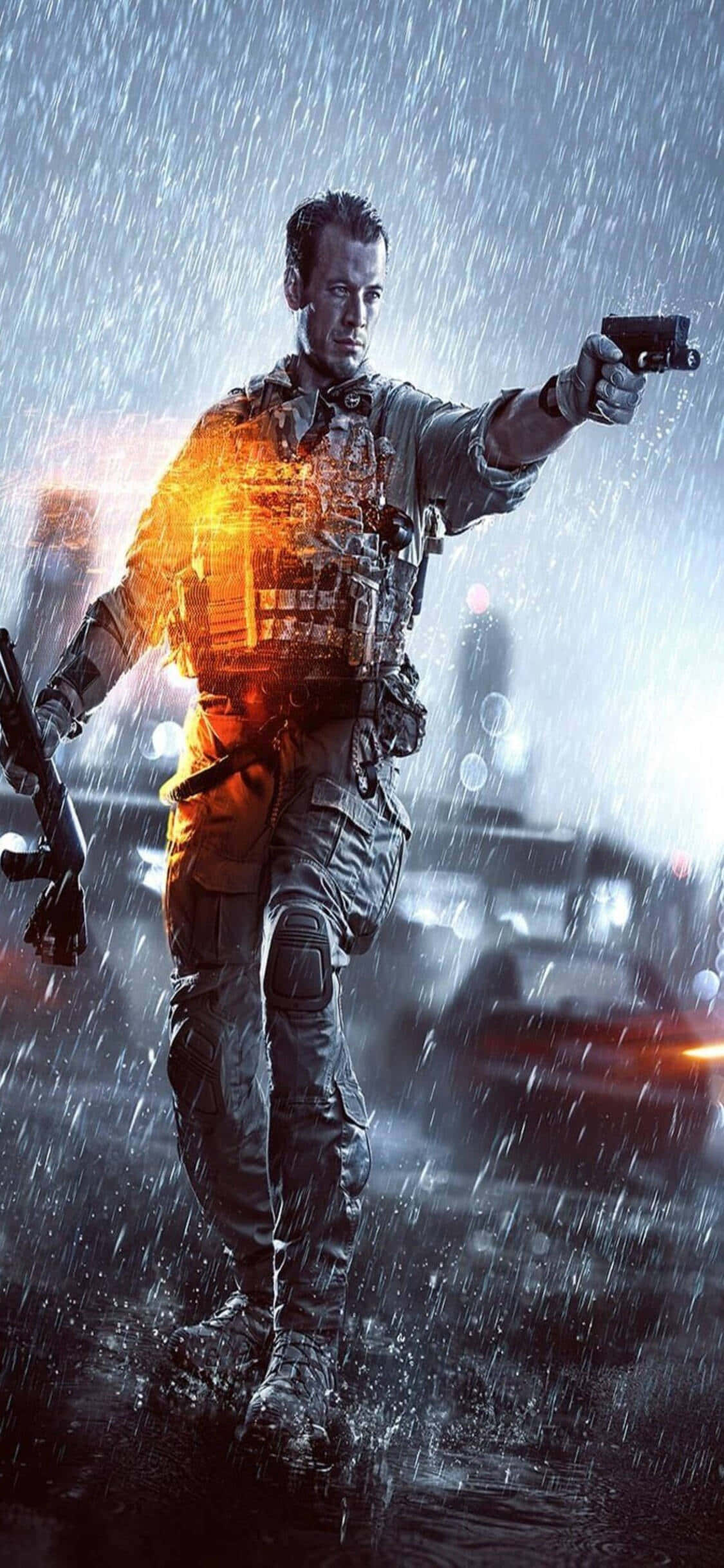 電玩遊戲 桌布 壁紙 — 一名士兵在暴雨中站立，手持手槍，軀幹上覆蓋著發光的橙色全息數據。
