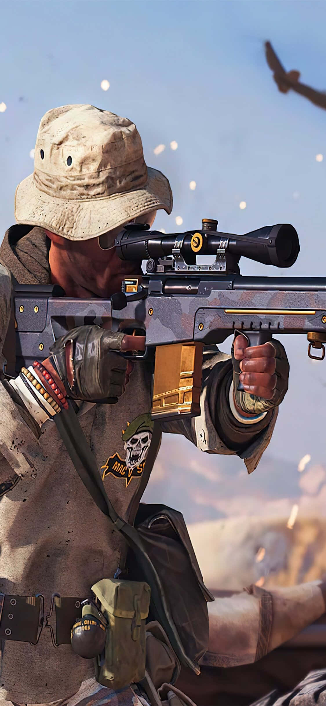 Call Of Duty Black Ops Cold War 桌布 壁紙 — 一名士兵在沙漠環境中瞄準帶有瞄準鏡的狙擊步槍，周圍火花四濺。