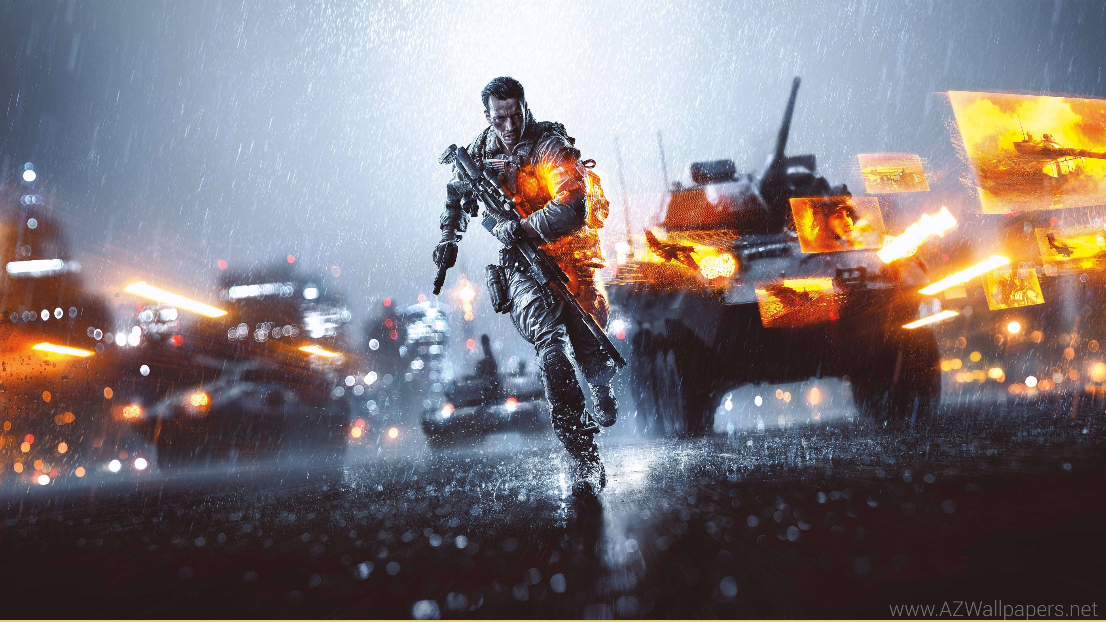 PC 遊戲 桌布 壁紙 — 一名士兵在濕滑的街道上奔跑，身後裝甲車爆炸，陷入一片火海混亂。