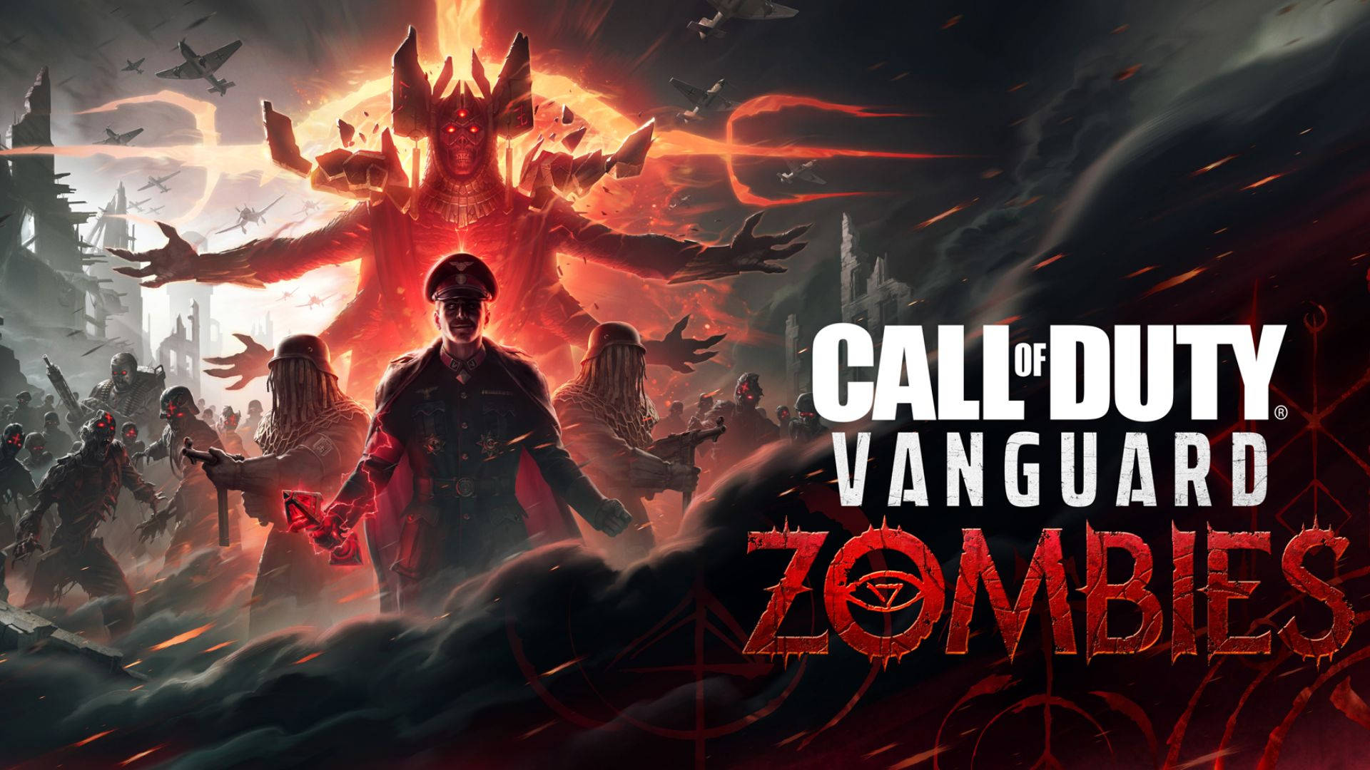 Call Of Duty Vanguard 桌布 壁紙 — 一名士兵在烈焰末日戰場上，挑釁地站在高聳的惡魔形象前，殭屍蜂擁而至。