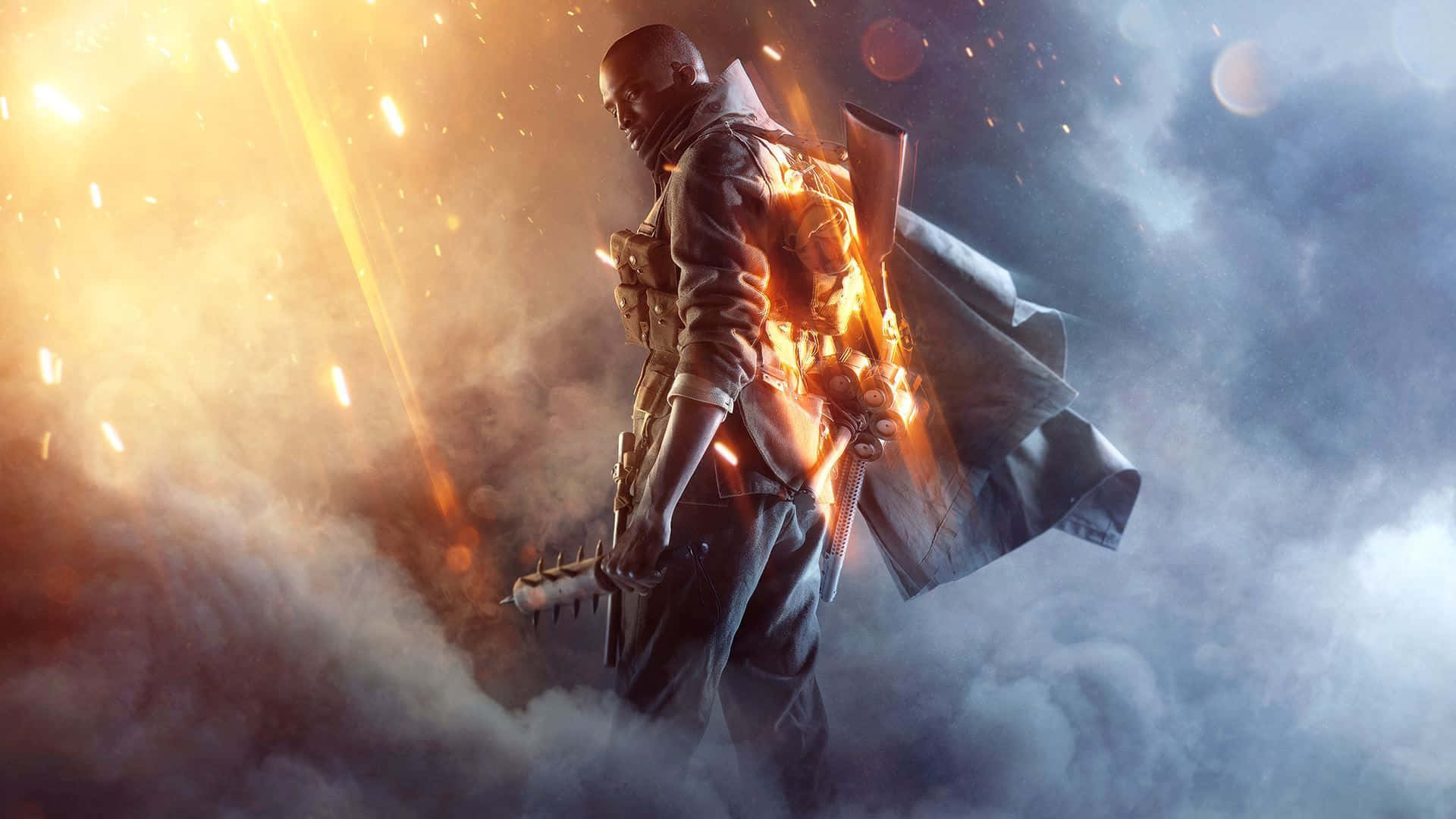 Xbox Games 桌布 壁紙 — 一名士兵在煙霧和火焰中挑釁地站立，金色光芒在他身後爆發，投射出戲劇性的陰影。