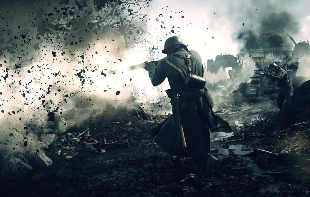 Battlefield 桌布 壁紙 — 一名士兵在煙霧和碎片四散的戰爭廢墟戰場上，於爆炸混亂中開火射擊步槍。