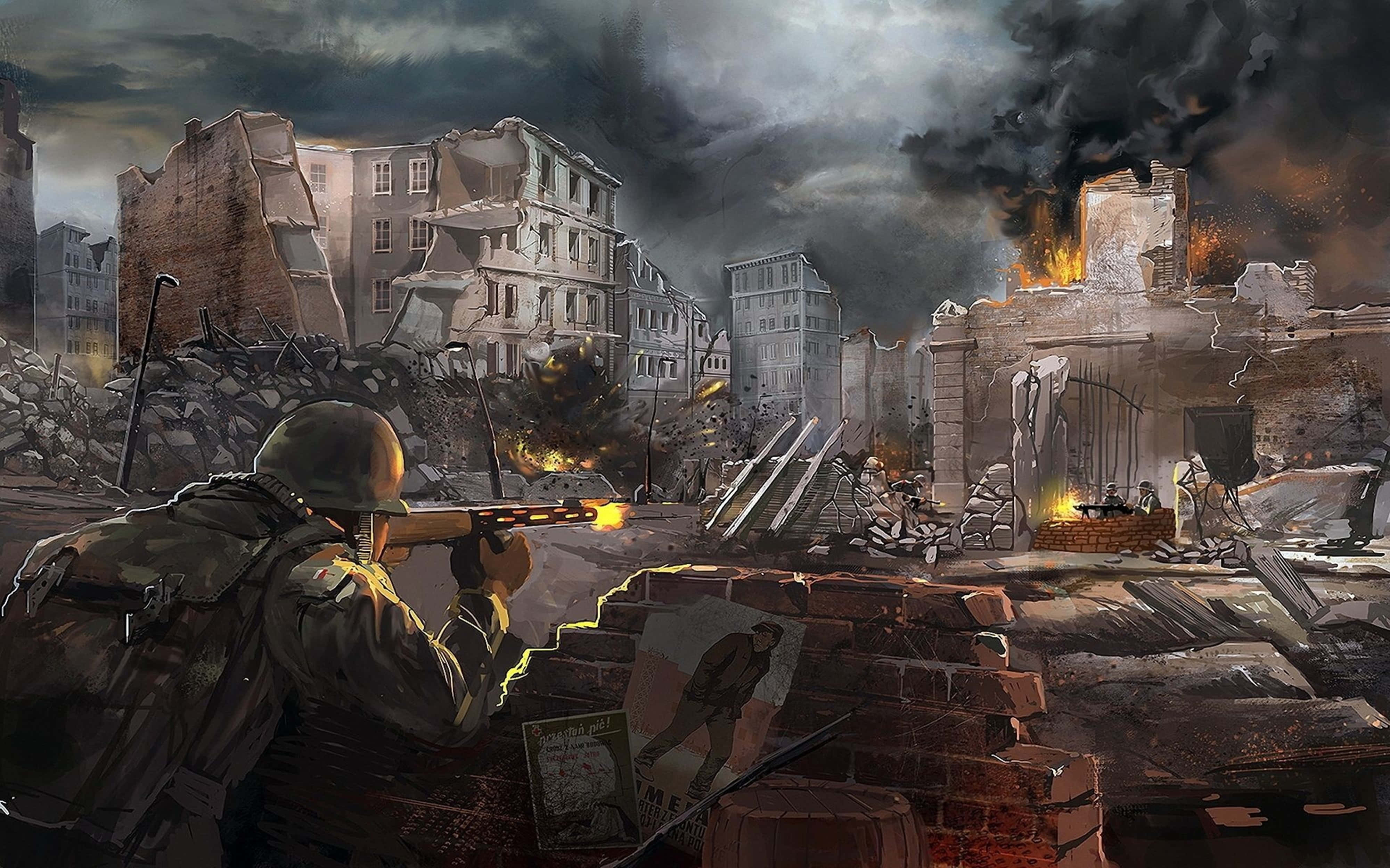 soldier 桌布 壁紙 — 一名士兵在煙霧瀰漫的天空下，從磚塊路障後方開槍射擊，周圍是燃燒的瓦礫和倒塌的建築物。