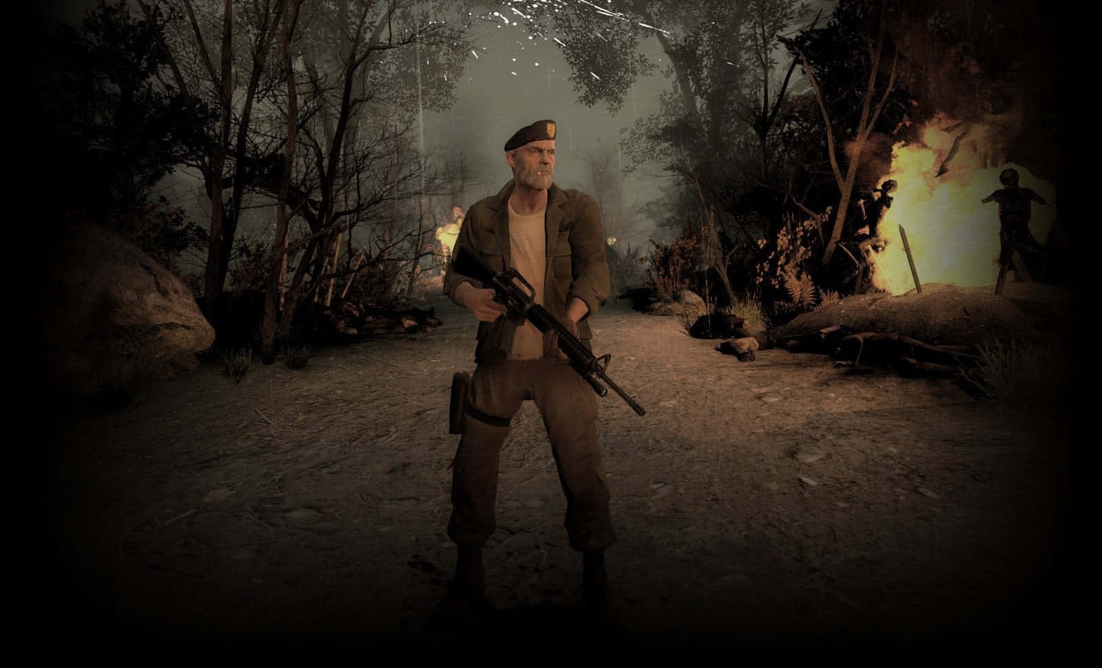 Left 4 Dead Characters 桌布 壁紙 — 一名士兵在煙霧瀰漫的森林空地中保持警覺，身後火焰中湧出殭屍。