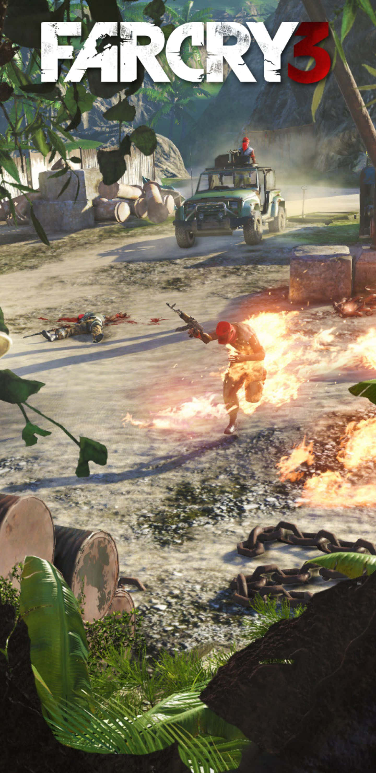 Pixel 3xl Far Cry 3 桌布 壁紙 — 一名士兵在熱帶叢林中開火，周圍火焰噴發，附近有一輛軍用吉普車。