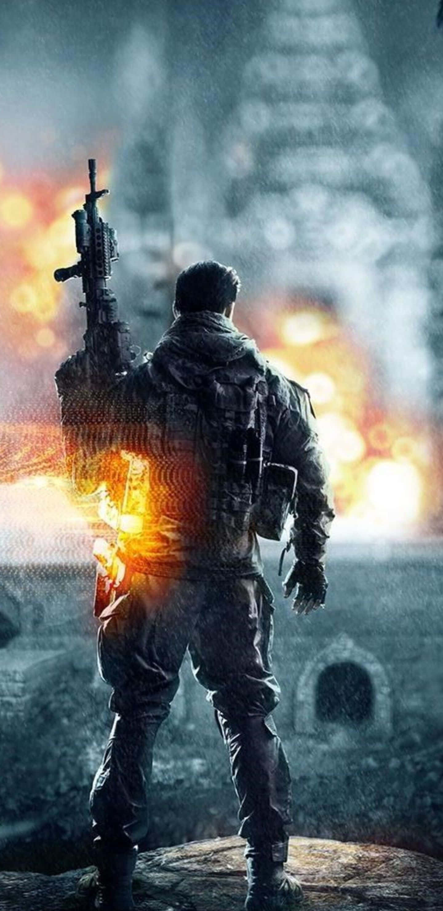 Pixel 3xl Battlefield 4 桌布 壁紙 — 一名士兵在熾熱爆炸的逆光中，站在戰火摧殘的城市廢墟中，煙霧和碎片在四周旋轉。