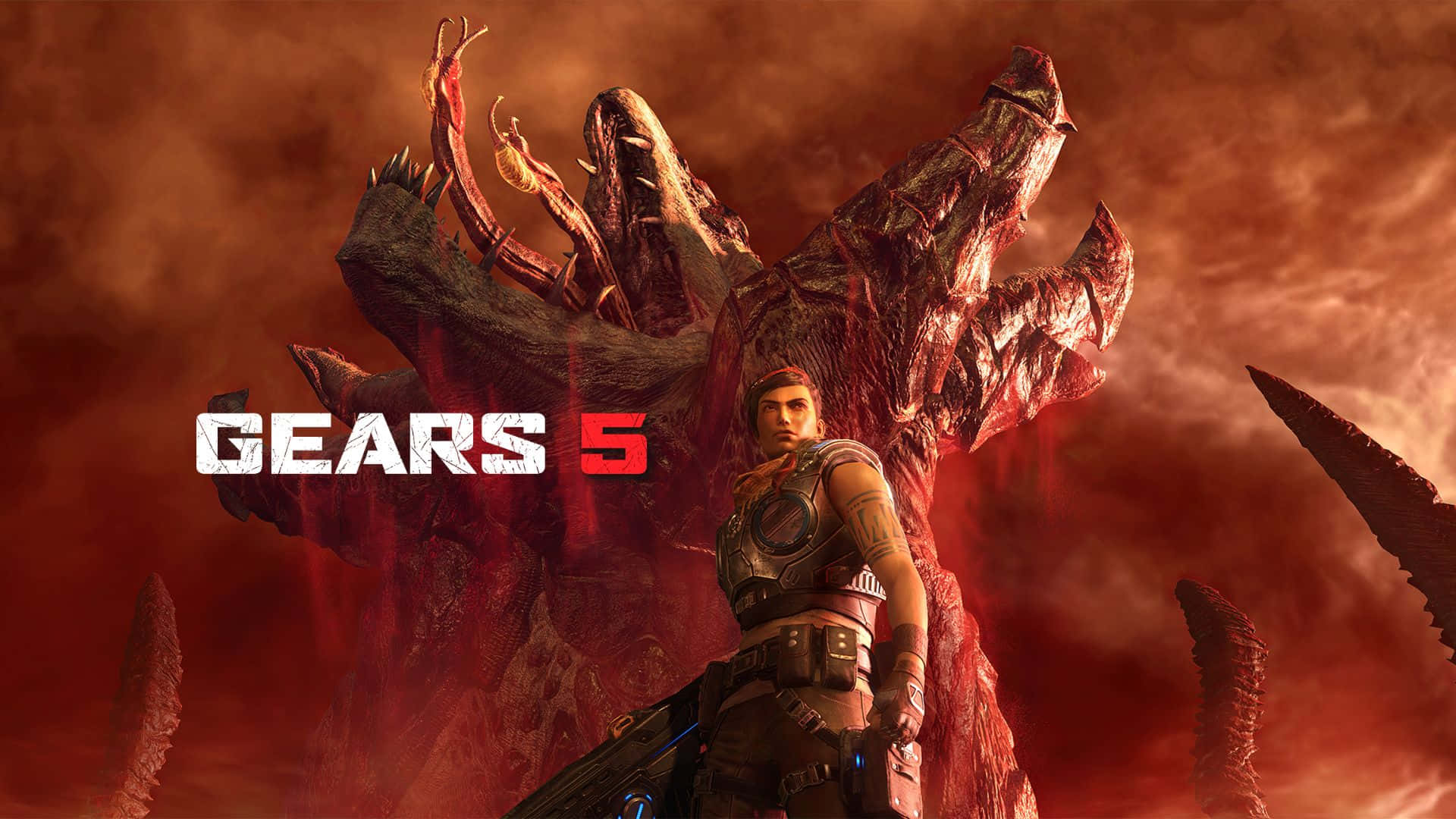Gears Of War 5 桌布 壁紙 — 一名士兵在熾熱的紅色末日景觀中，挑釁地站在一座高聳的怪物面前。