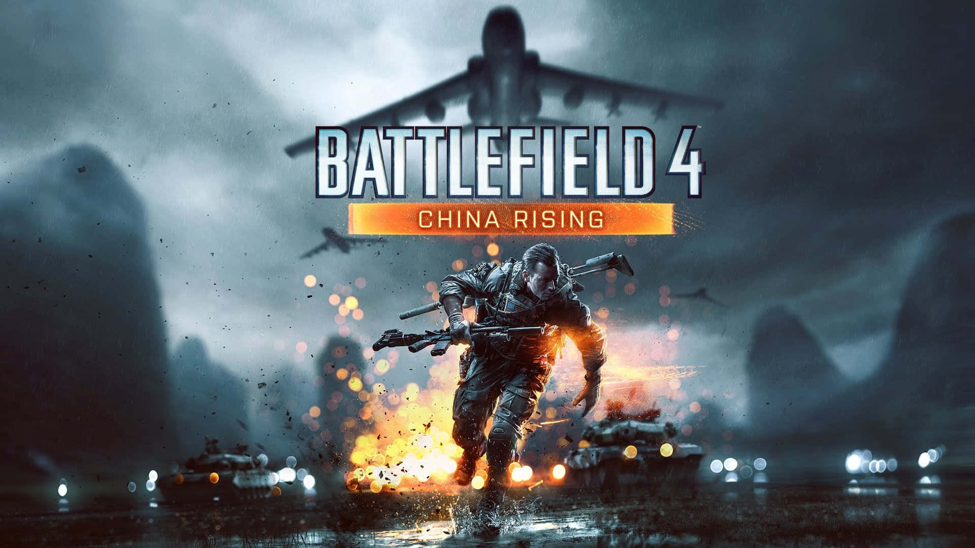 1920x1080 Battlefield 4 桌布 壁紙 — 一名士兵在燃燒的爆炸中奔跑，坦克和戰鬥機在黑暗的天空下主宰著暴風雨的戰場。