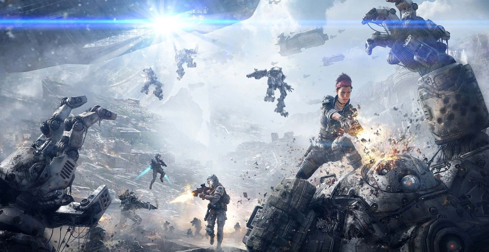 Halo Battle 桌布 壁紙 — 一名士兵在燦爛陽光下，於破碎的未來城市中與巨型機械人和飛行機甲戰鬥。