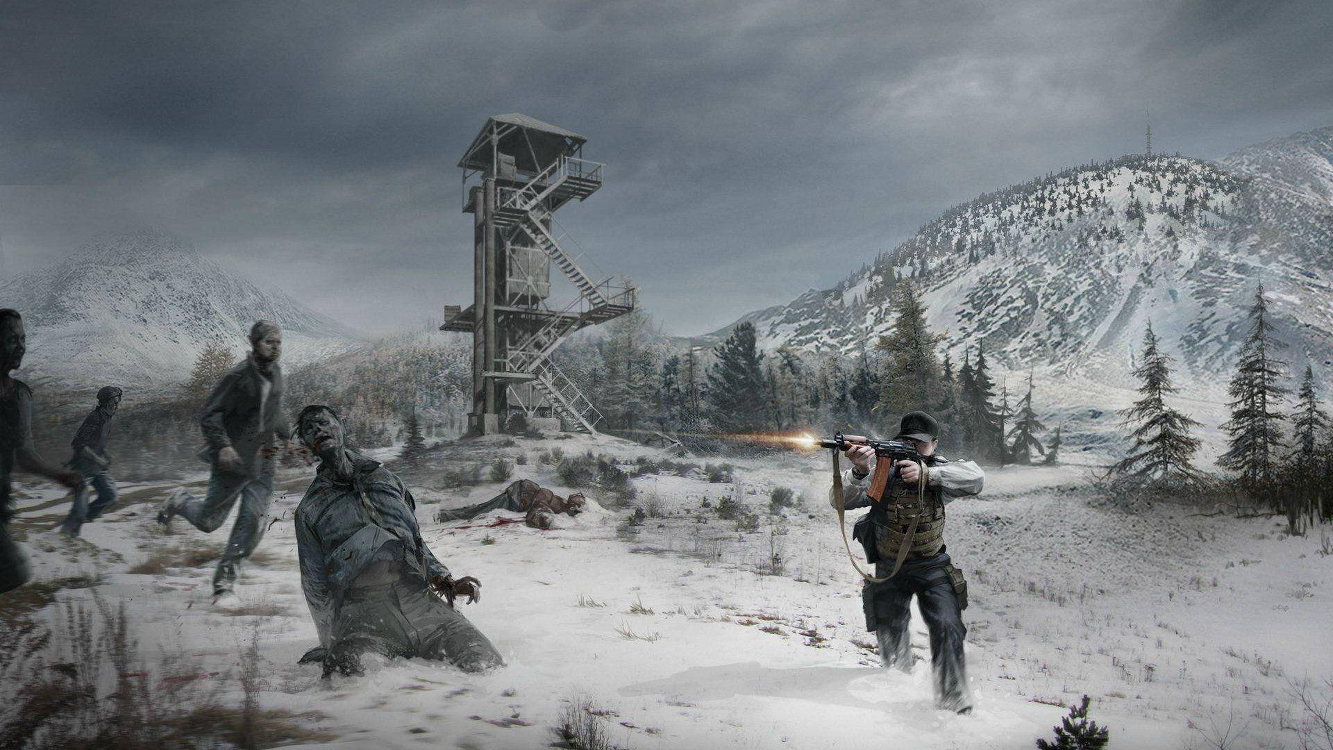 Dayz Desktop 桌布 壁紙 — 一名士兵在白雪覆蓋的山地景觀中向衝來的殭屍開槍射擊，背景有一座防火瞭望塔。