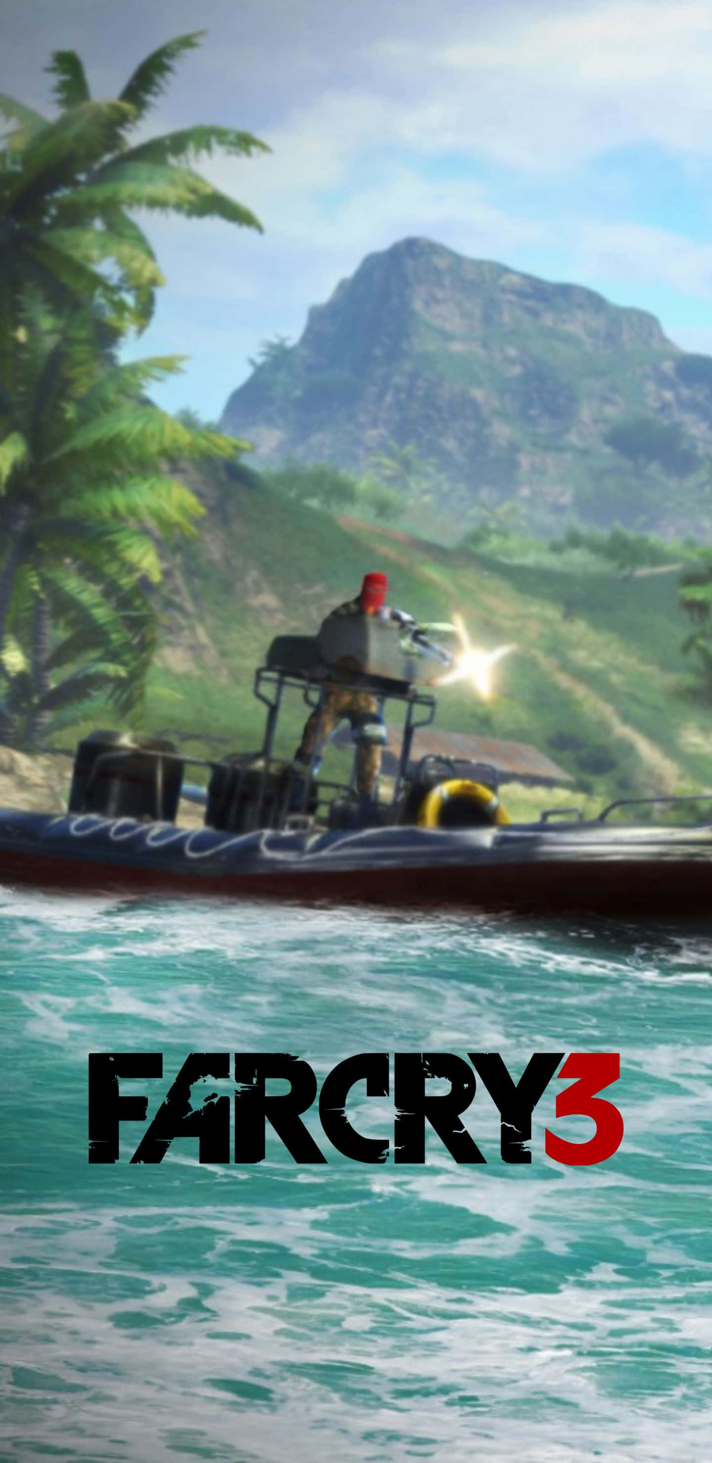 Pixel 3xl Far Cry 3 桌布 壁紙 — 一名士兵在碧綠色的水域上從快艇發射武器，背景是茂密的叢林和岩石山。