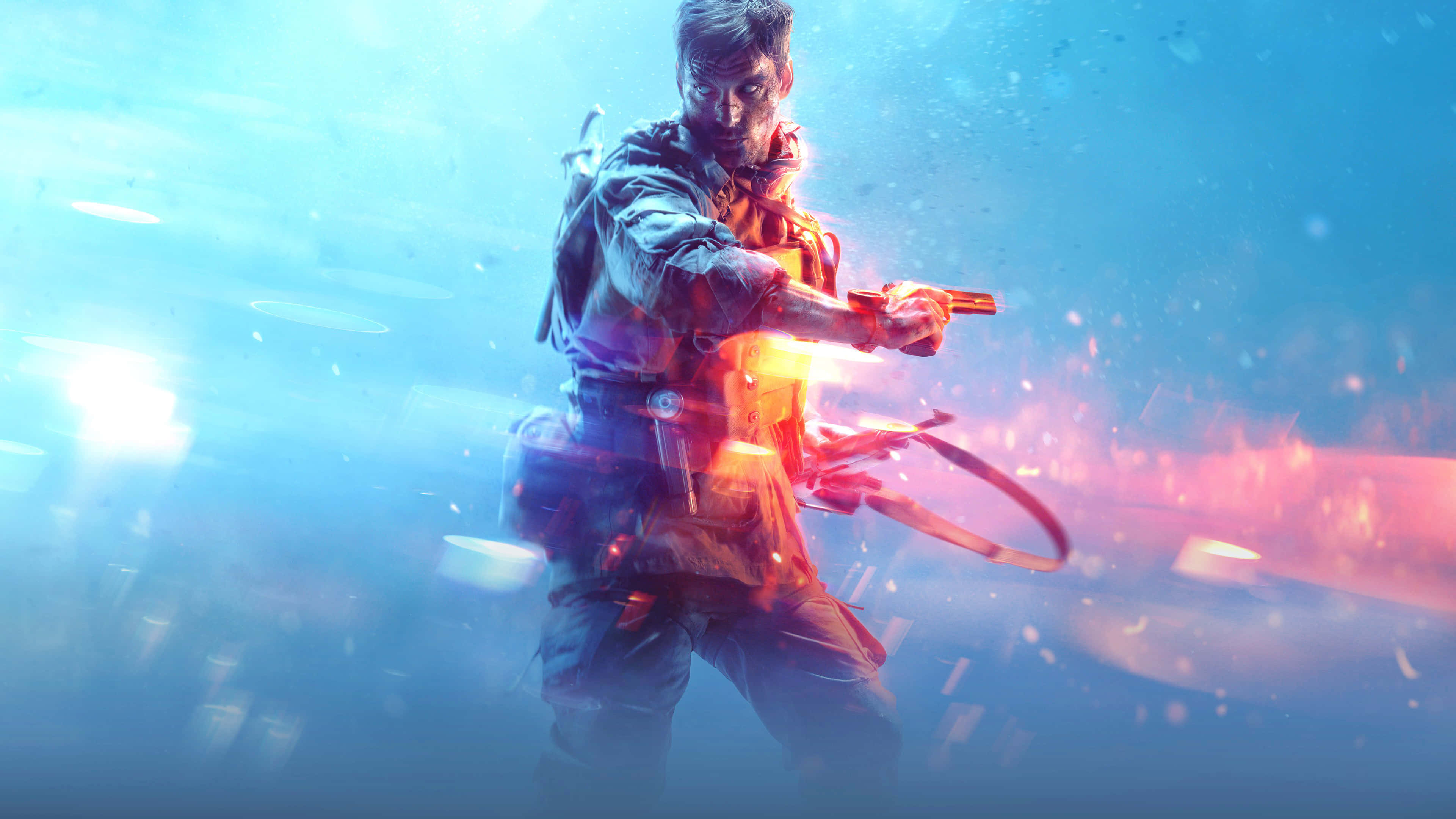 Battlefield Desktop 桌布 壁紙 — 一名士兵在藍色煙霧中於水下發射發光武器，周圍有漂浮碎片和明亮光暈。