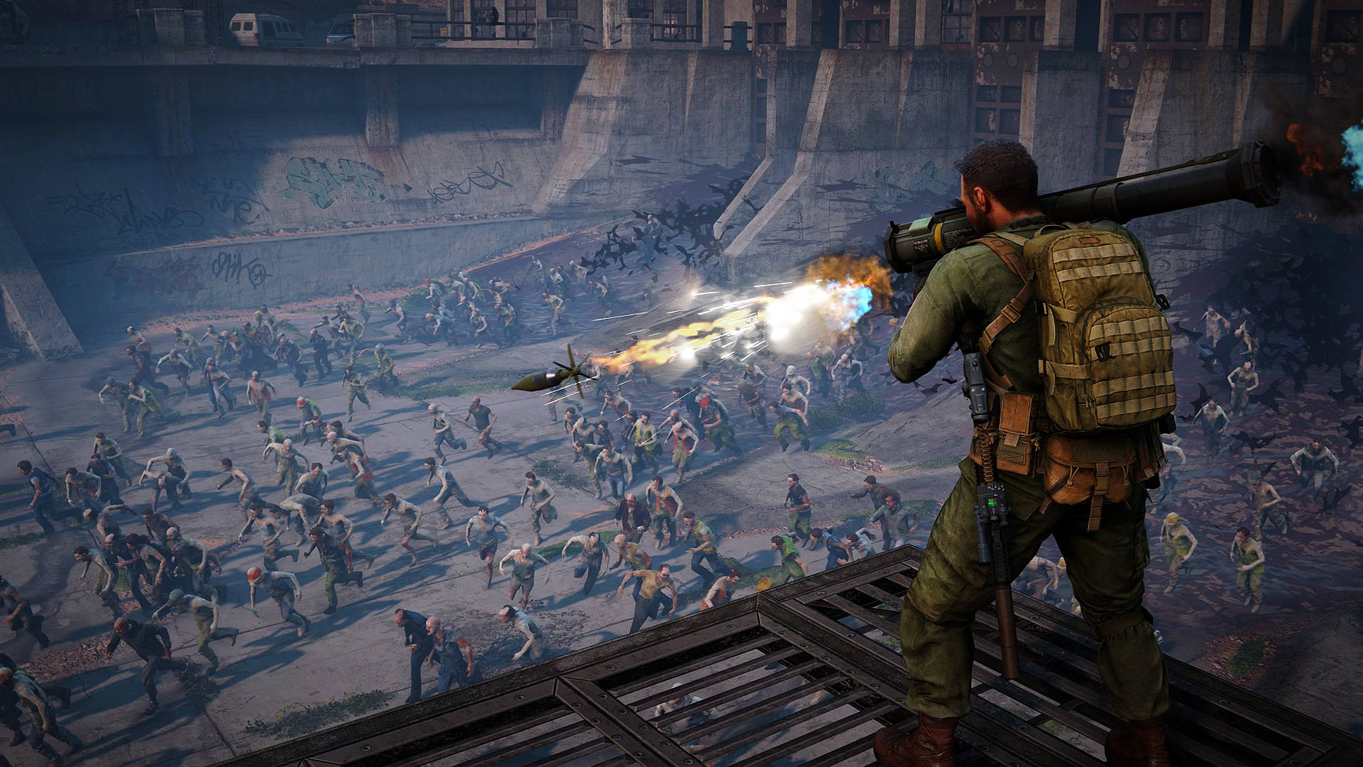world war z 4K 桌布 壁紙 — 一名士兵在陰暗的城市廢墟中向一群殭屍發射火箭炮。