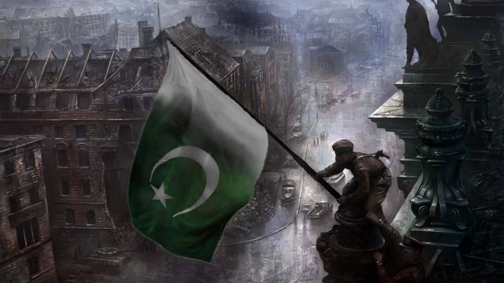 Pakistan 桌布 壁紙 — 一名士兵在陰沉天空下，於戰火摧殘的城市上空升起巴基斯坦國旗。