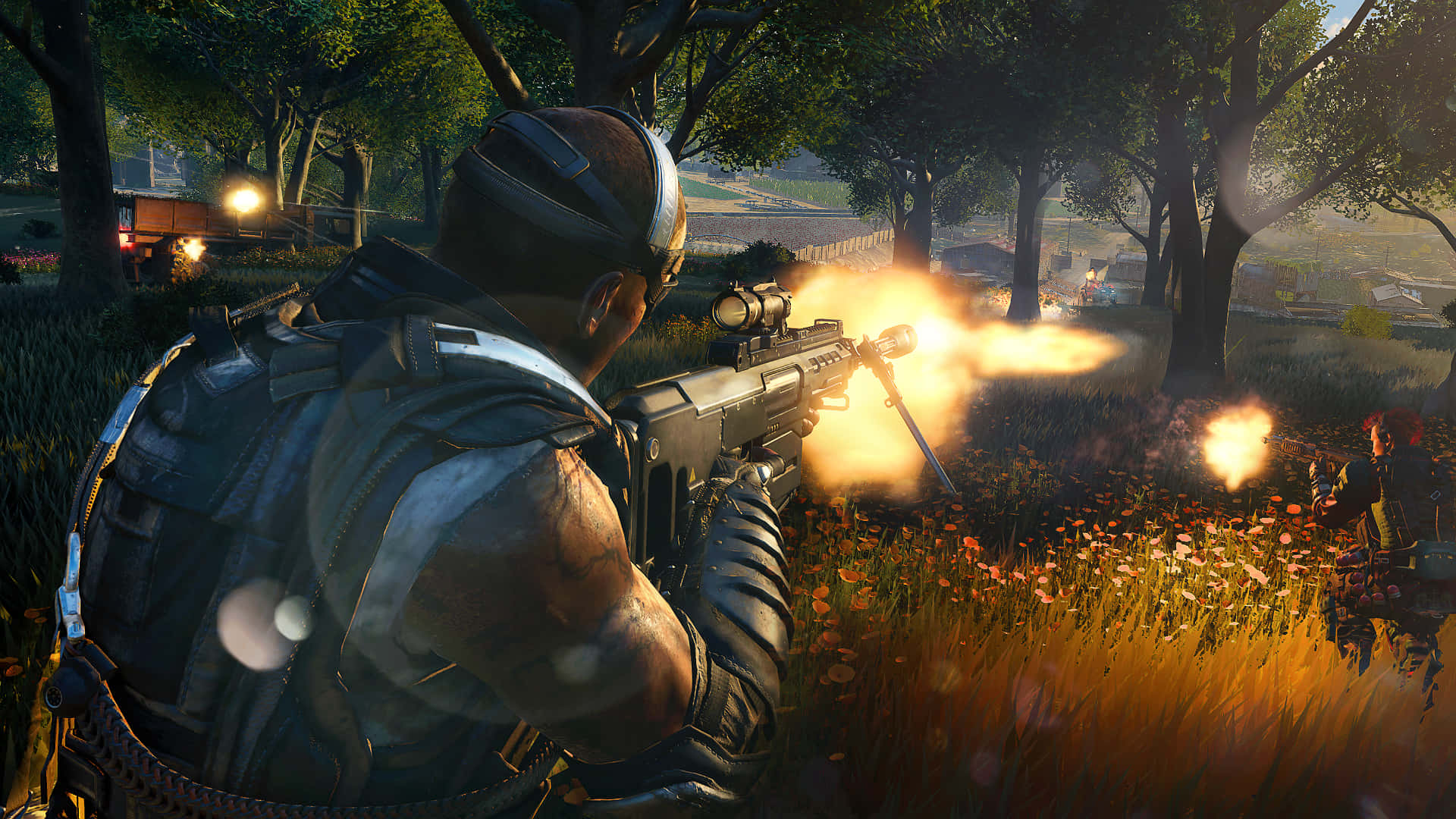 Best Call Of Duty Black Ops 4 桌布 壁紙 — 一名士兵在陽光明媚的森林空地中開步槍，背景有爆炸和遠處的車輛。