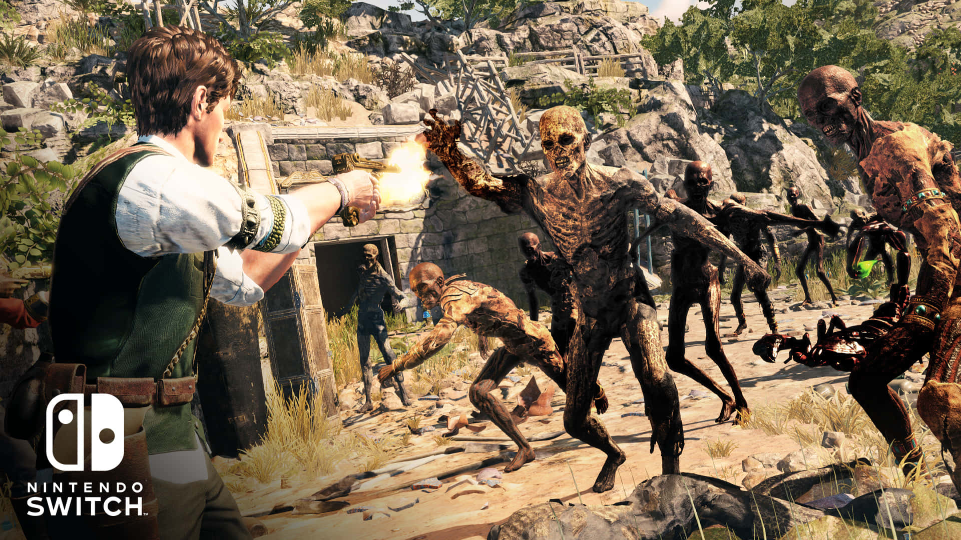 1366x768 Strange Brigade 桌布 壁紙 — 一名士兵在陽光照耀的岩石廢墟中向怪誕的殭屍般生物開槍。