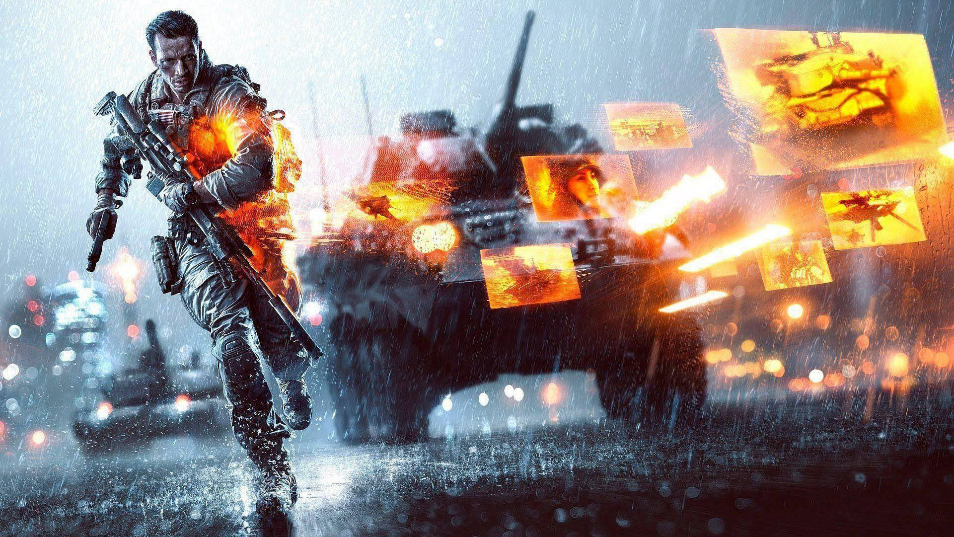 Soldiers 桌布 壁紙 — 一名士兵在雨中奔跑，爆炸和浮動的戰鬥圖像在坦克後方爆發，形成混亂的戰場。