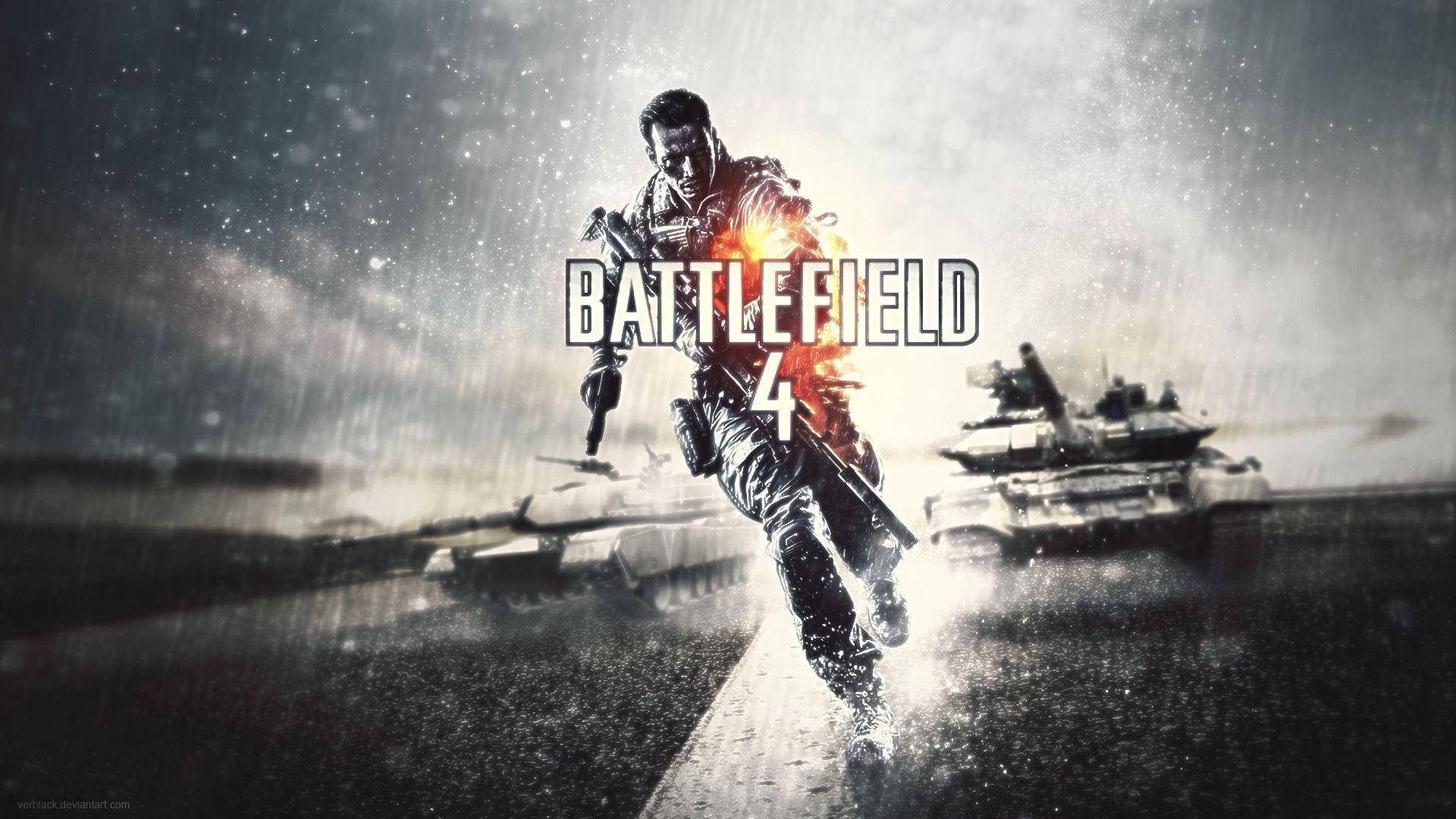 Battlefield 4 City 桌布 壁紙 — 一名士兵在雨中衝刺，身後有坦克，而Battlefield 4標誌在他身後發光。